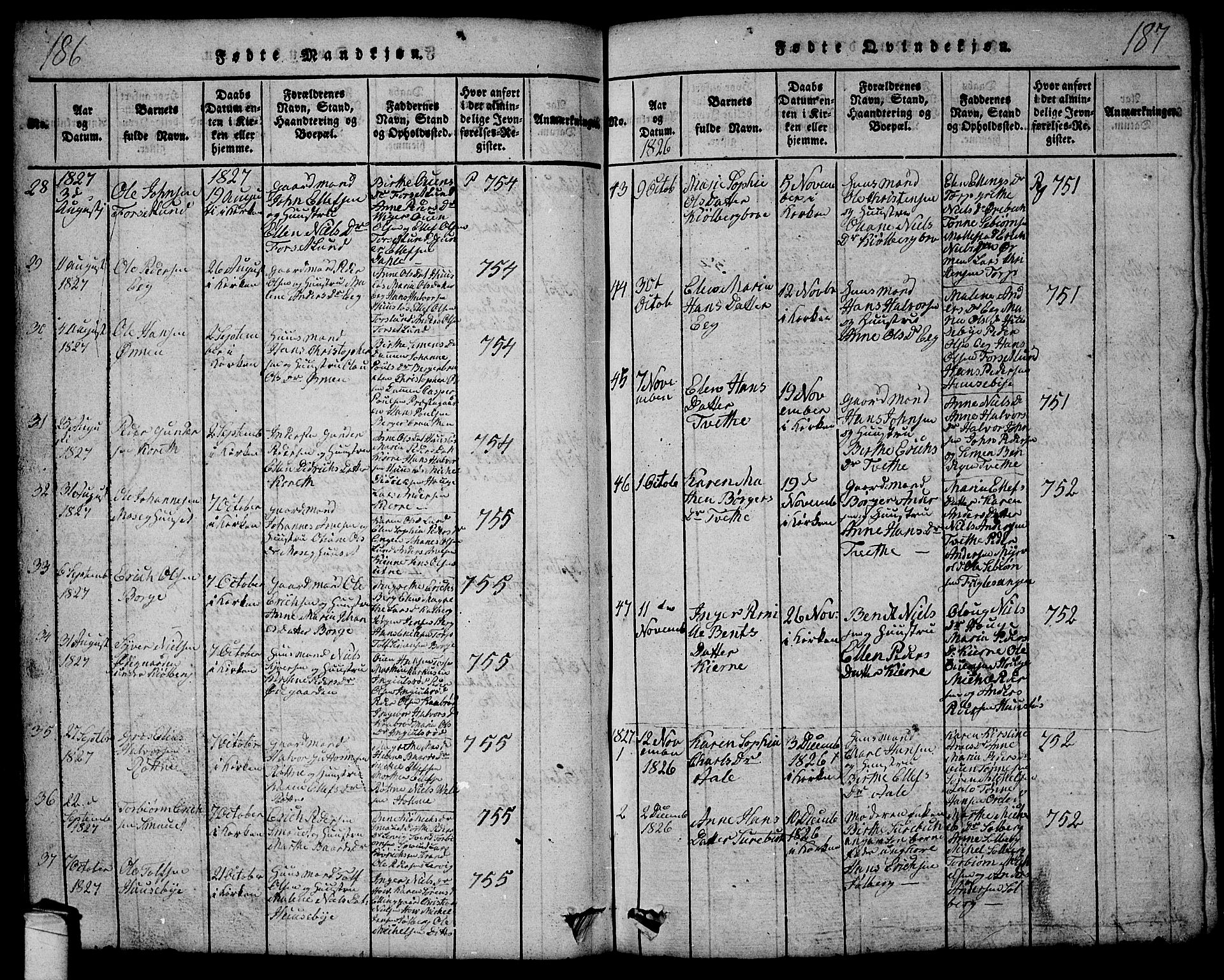 Onsøy prestekontor Kirkebøker, AV/SAO-A-10914/G/Ga/L0001: Parish register (copy) no. I 1, 1814-1840, p. 186-187