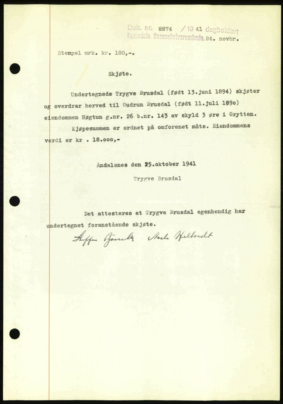 Romsdal sorenskriveri, AV/SAT-A-4149/1/2/2C: Mortgage book no. A11, 1941-1942, Diary no: : 2274/1941