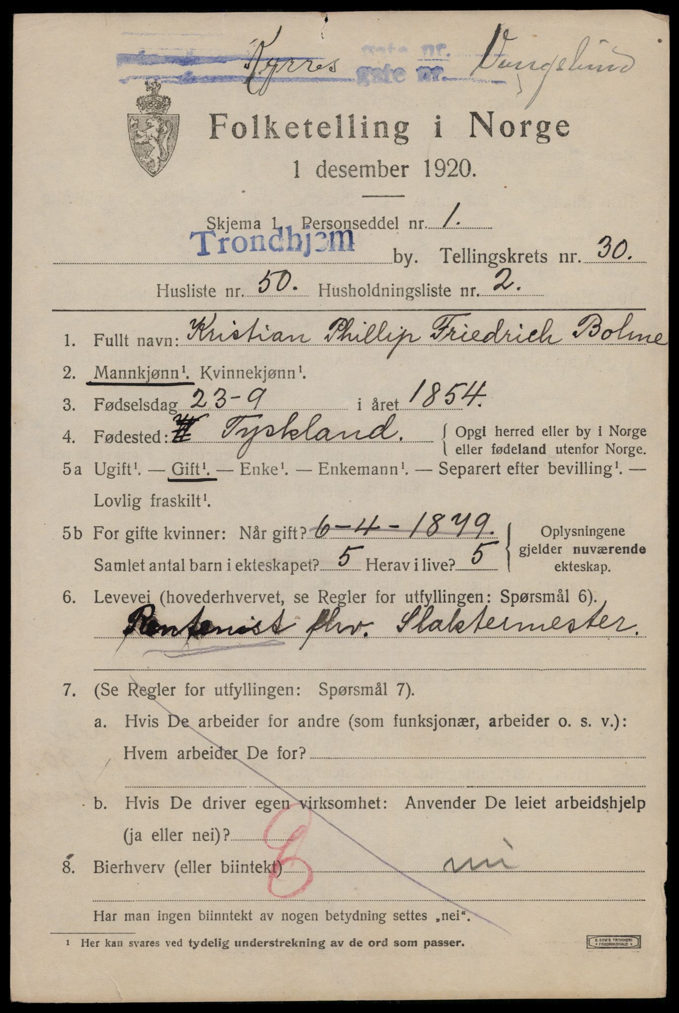 SAT, 1920 census for Trondheim, 1920, p. 76174