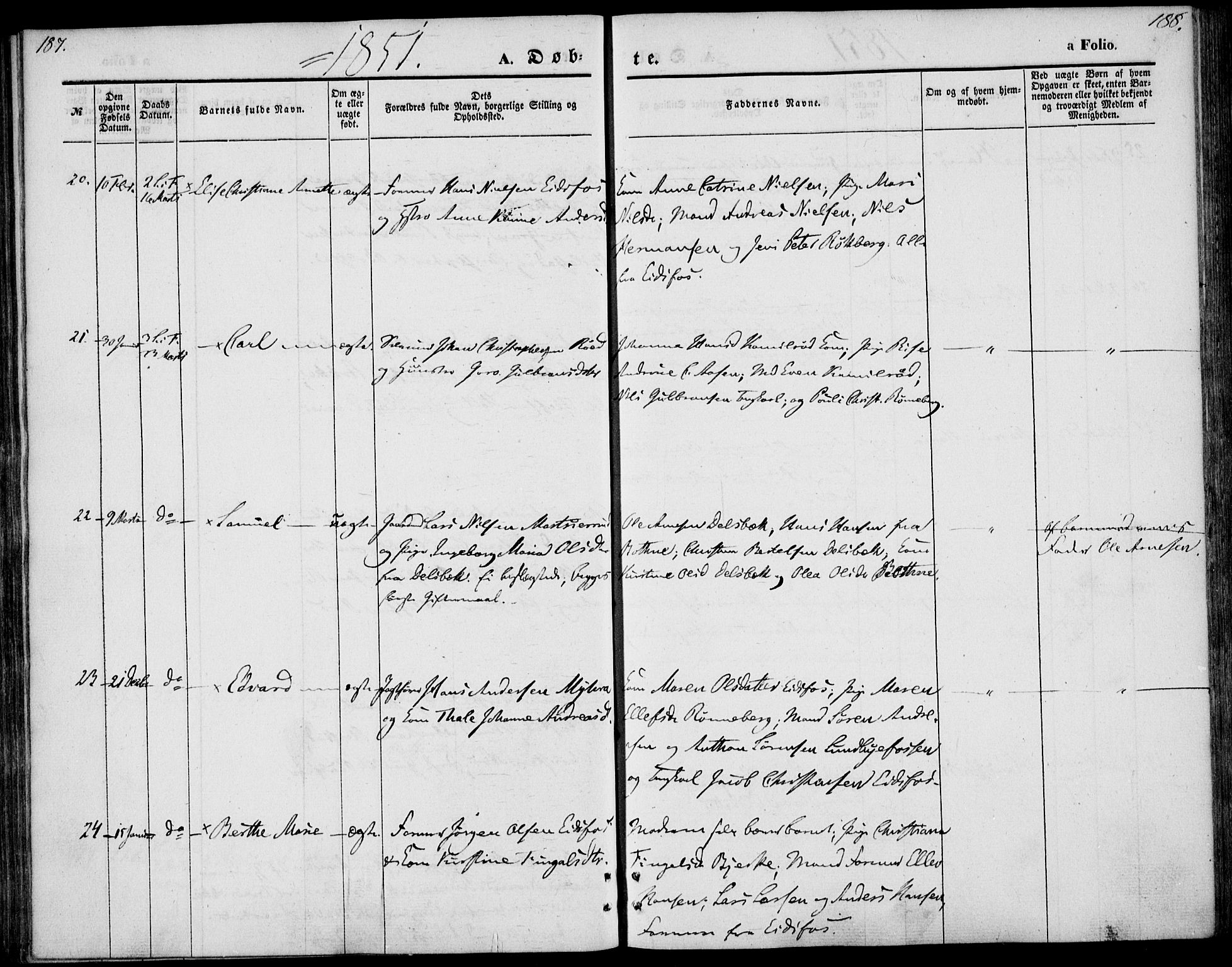 Hof kirkebøker, AV/SAKO-A-64/F/Fa/L0005: Parish register (official) no. I 5, 1844-1851, p. 187-188