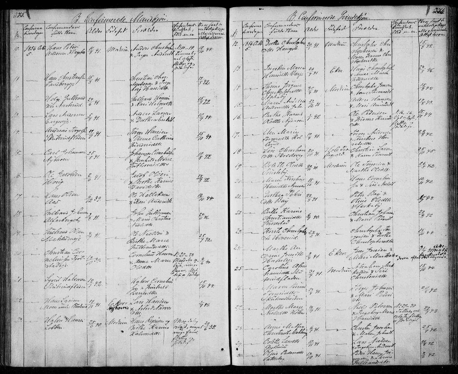 Modum kirkebøker, AV/SAKO-A-234/F/Fa/L0008: Parish register (official) no. 8, 1851-1859, p. 375-376