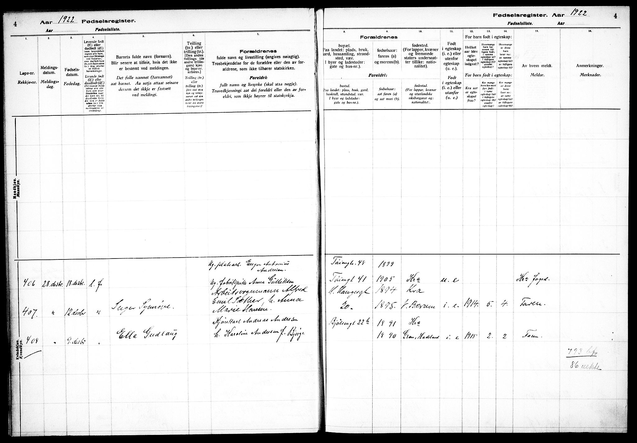 Sagene prestekontor Kirkebøker, SAO/A-10796/J/L0003: Birth register no. 3, 1922-1925, p. 4