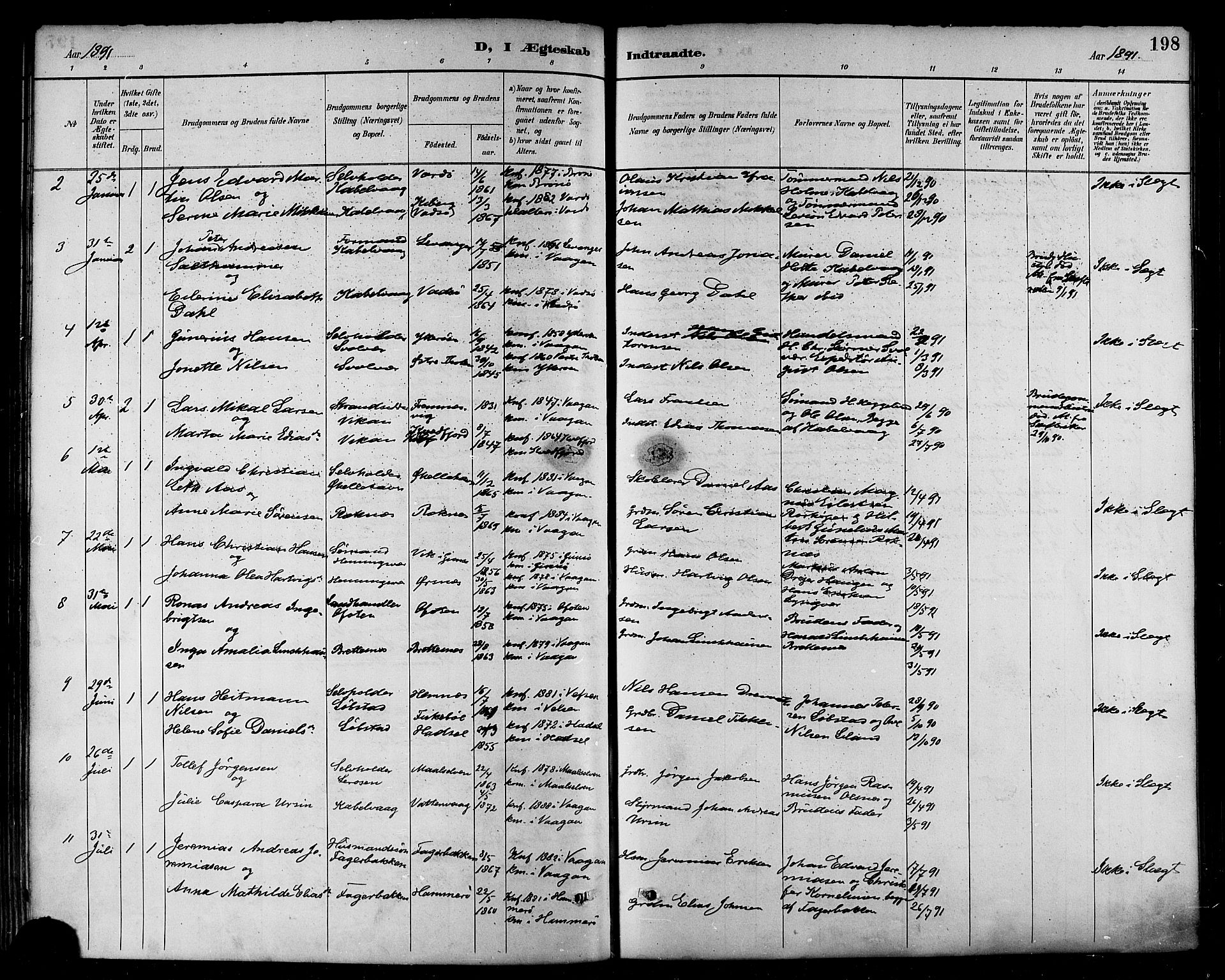 Ministerialprotokoller, klokkerbøker og fødselsregistre - Nordland, SAT/A-1459/874/L1060: Parish register (official) no. 874A04, 1890-1899, p. 198