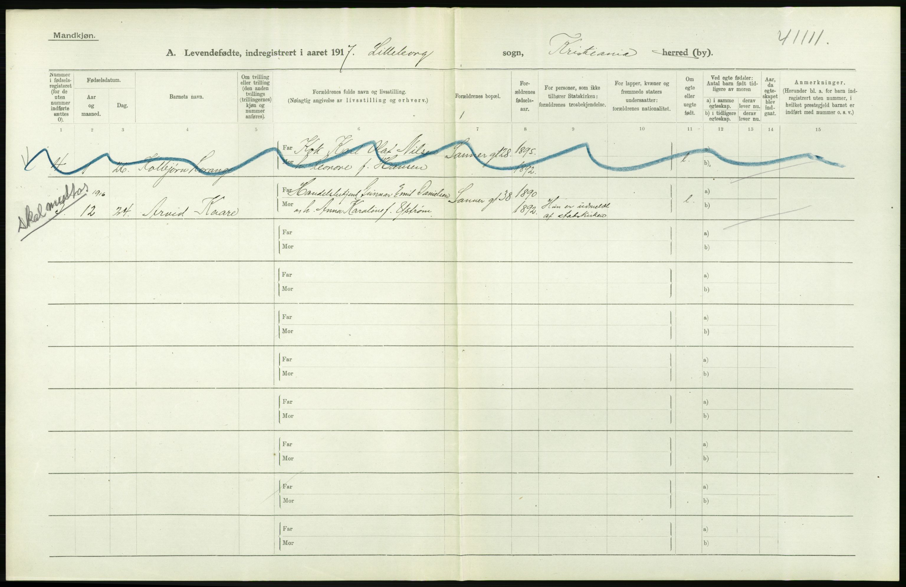 Statistisk sentralbyrå, Sosiodemografiske emner, Befolkning, AV/RA-S-2228/D/Df/Dfb/Dfbg/L0006: Kristiania: Levendefødte menn og kvinner., 1917, p. 380