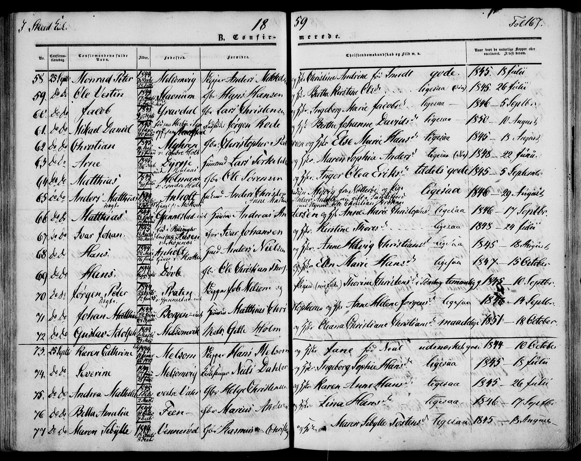 Stokke kirkebøker, SAKO/A-320/F/Fa/L0008: Parish register (official) no. I 8, 1858-1871, p. 167