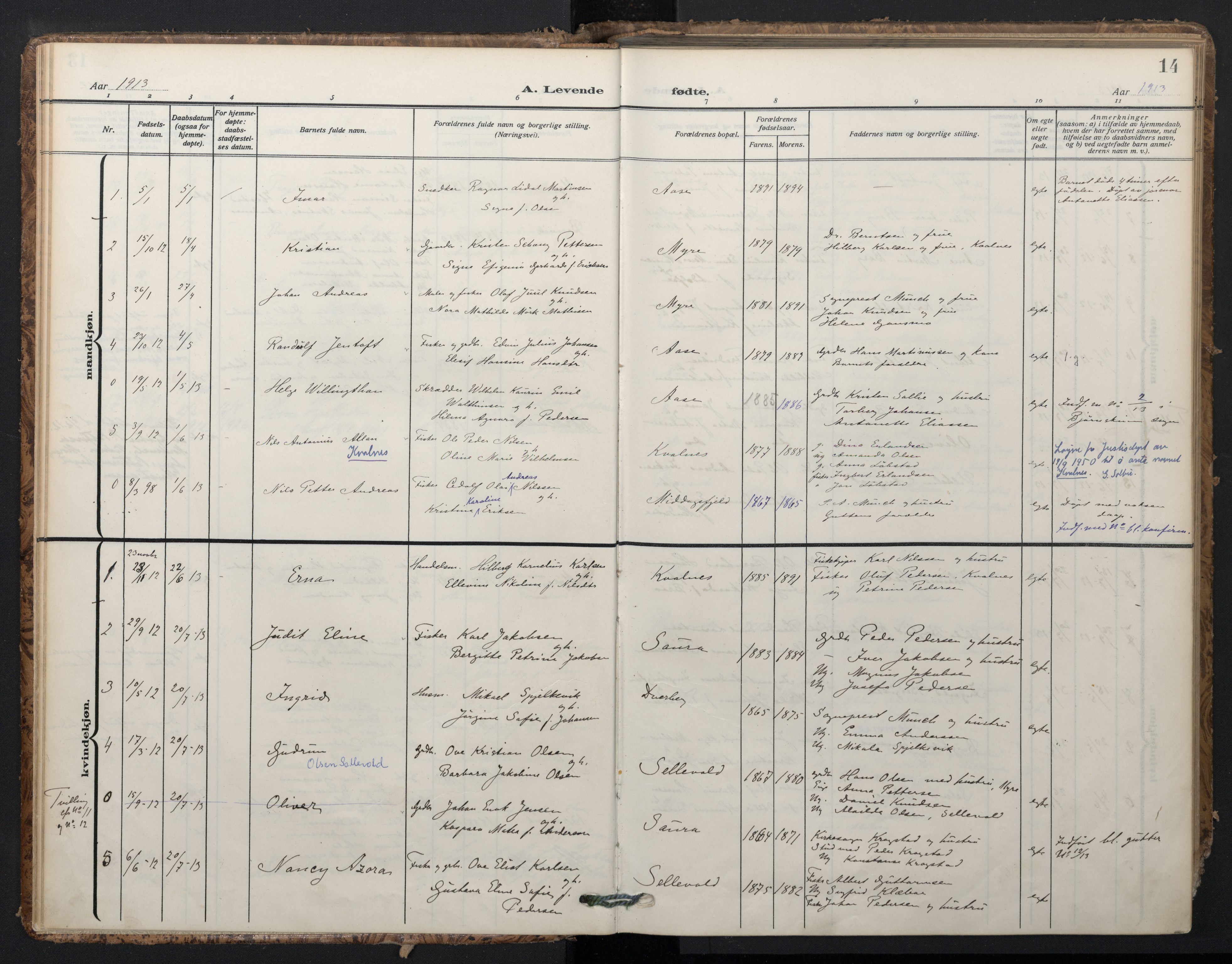 Ministerialprotokoller, klokkerbøker og fødselsregistre - Nordland, SAT/A-1459/897/L1401: Parish register (official) no. 897A08, 1909-1921, p. 14