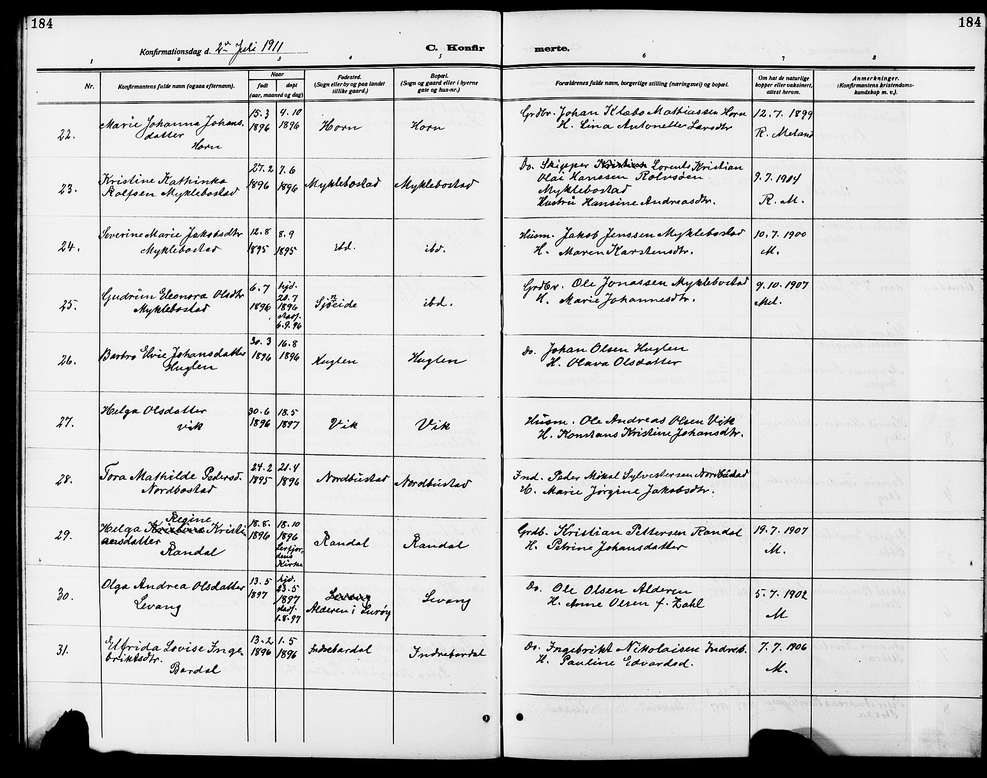 Ministerialprotokoller, klokkerbøker og fødselsregistre - Nordland, AV/SAT-A-1459/838/L0560: Parish register (copy) no. 838C07, 1910-1928, p. 184