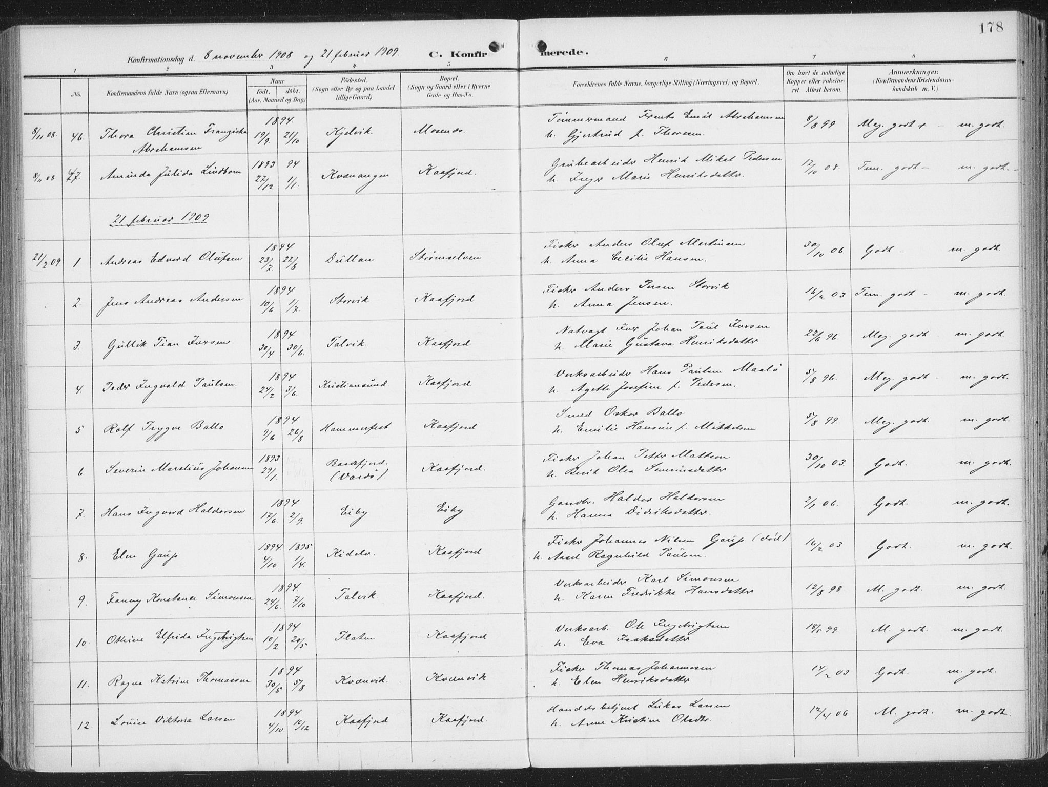 Alta sokneprestkontor, SATØ/S-1338/H/Ha/L0005.kirke: Parish register (official) no. 5, 1904-1918, p. 178