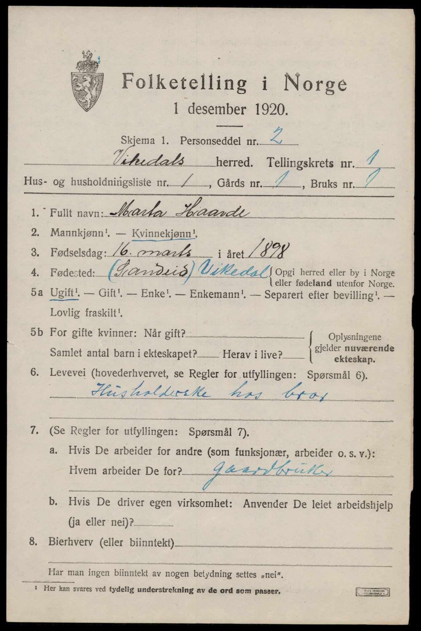 SAST, 1920 census for Vikedal, 1920, p. 1193