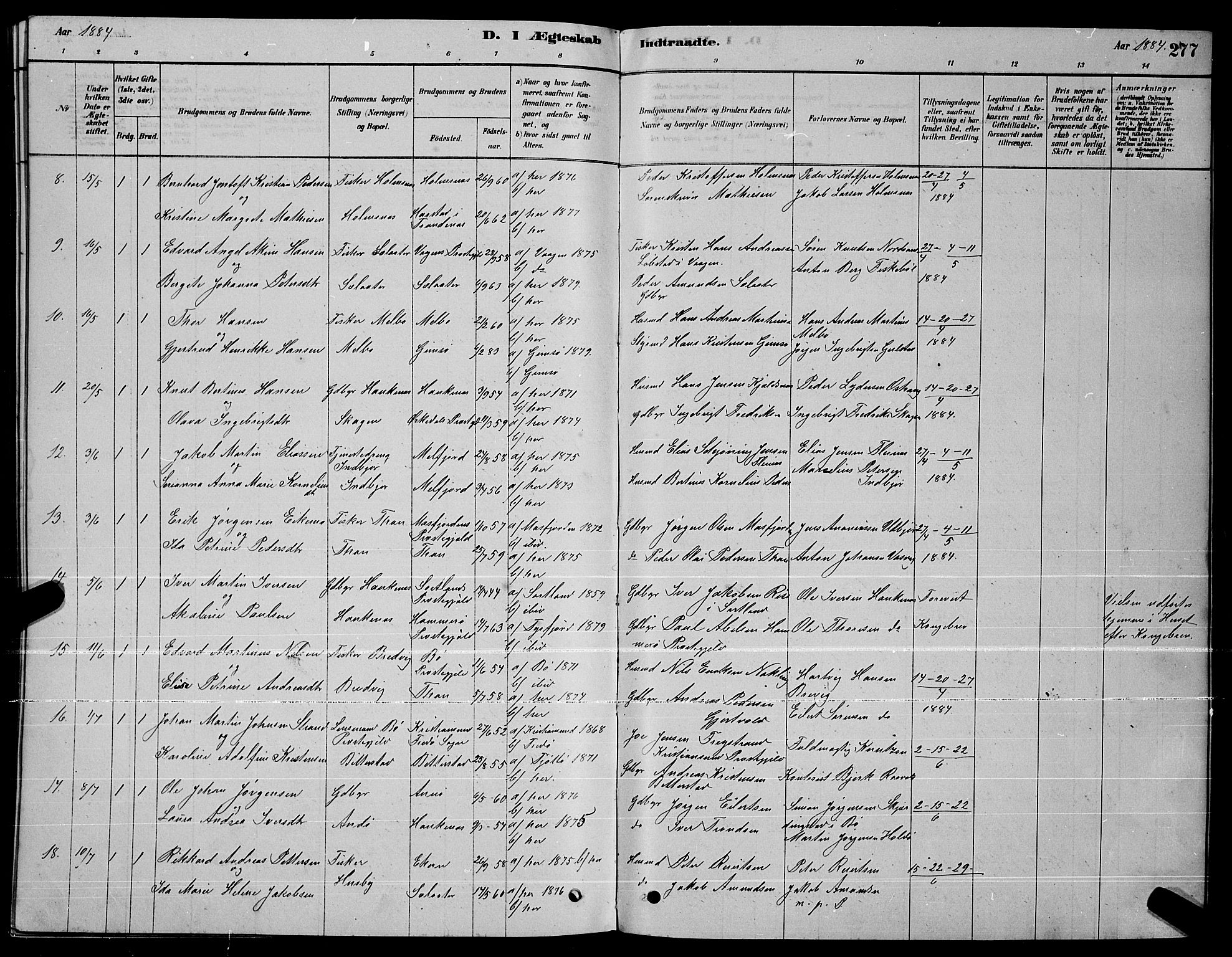 Ministerialprotokoller, klokkerbøker og fødselsregistre - Nordland, AV/SAT-A-1459/888/L1267: Parish register (copy) no. 888C05, 1878-1890, p. 277