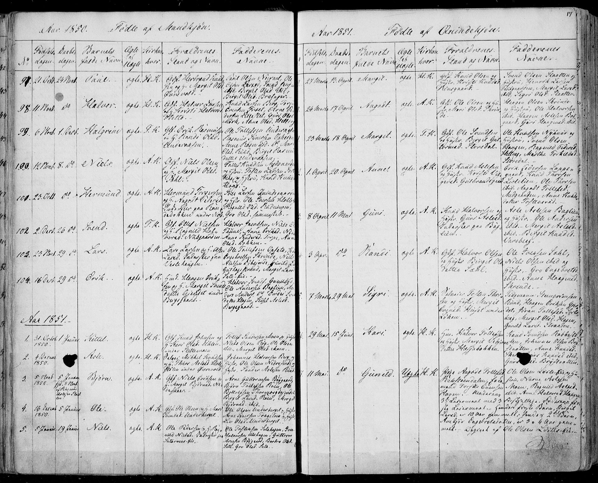 Ål kirkebøker, AV/SAKO-A-249/F/Fa/L0006: Parish register (official) no. I 6, 1849-1864, p. 17