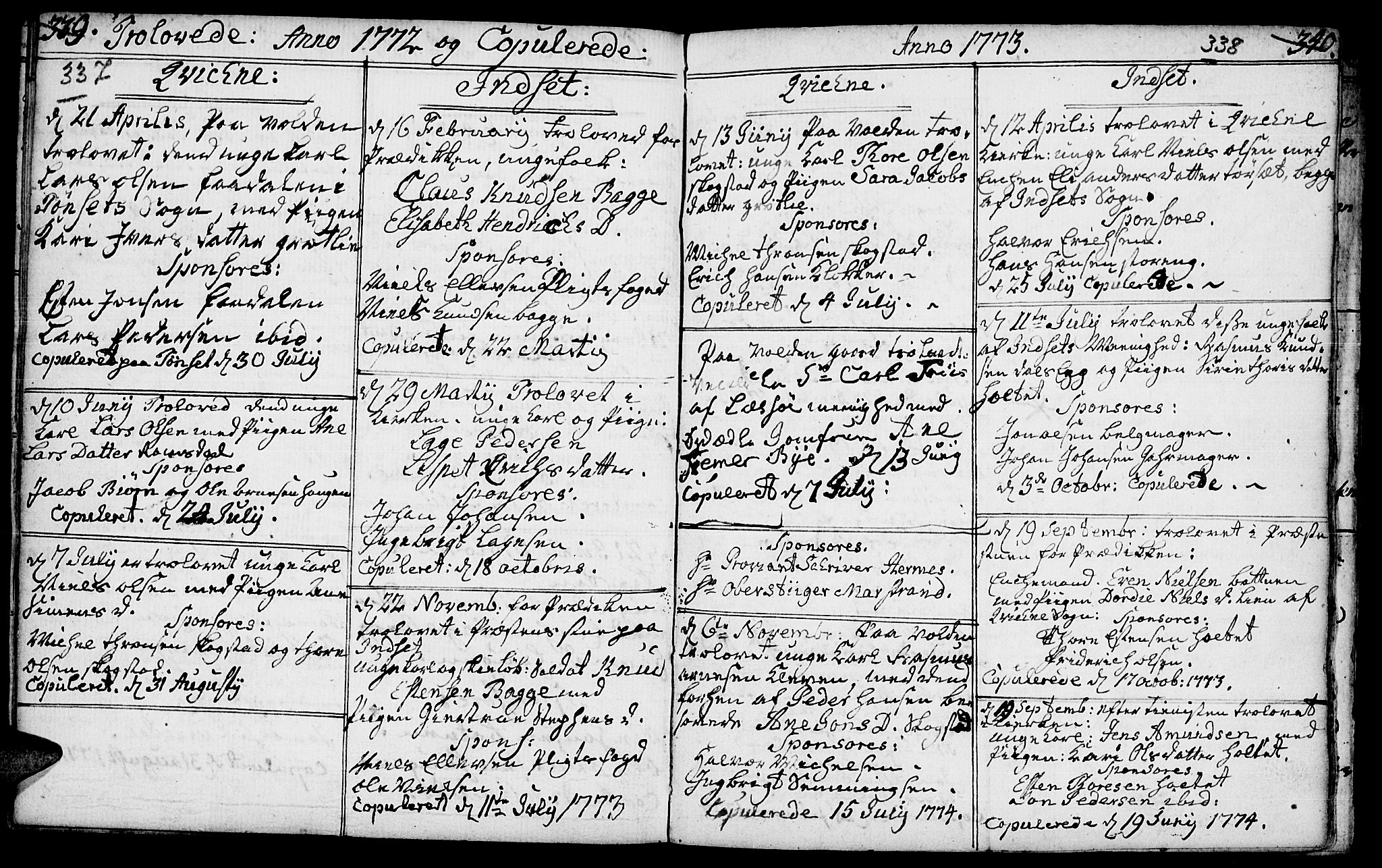 Kvikne prestekontor, SAH/PREST-064/H/Ha/Haa/L0002: Parish register (official) no. 2, 1764-1784, p. 337-338