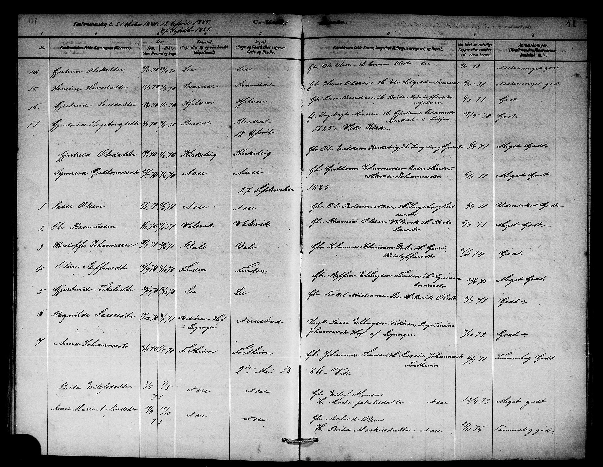 Vik sokneprestembete, AV/SAB-A-81501/H/Hab/Habb/L0002: Parish register (copy) no. B 2, 1878-1893, p. 41