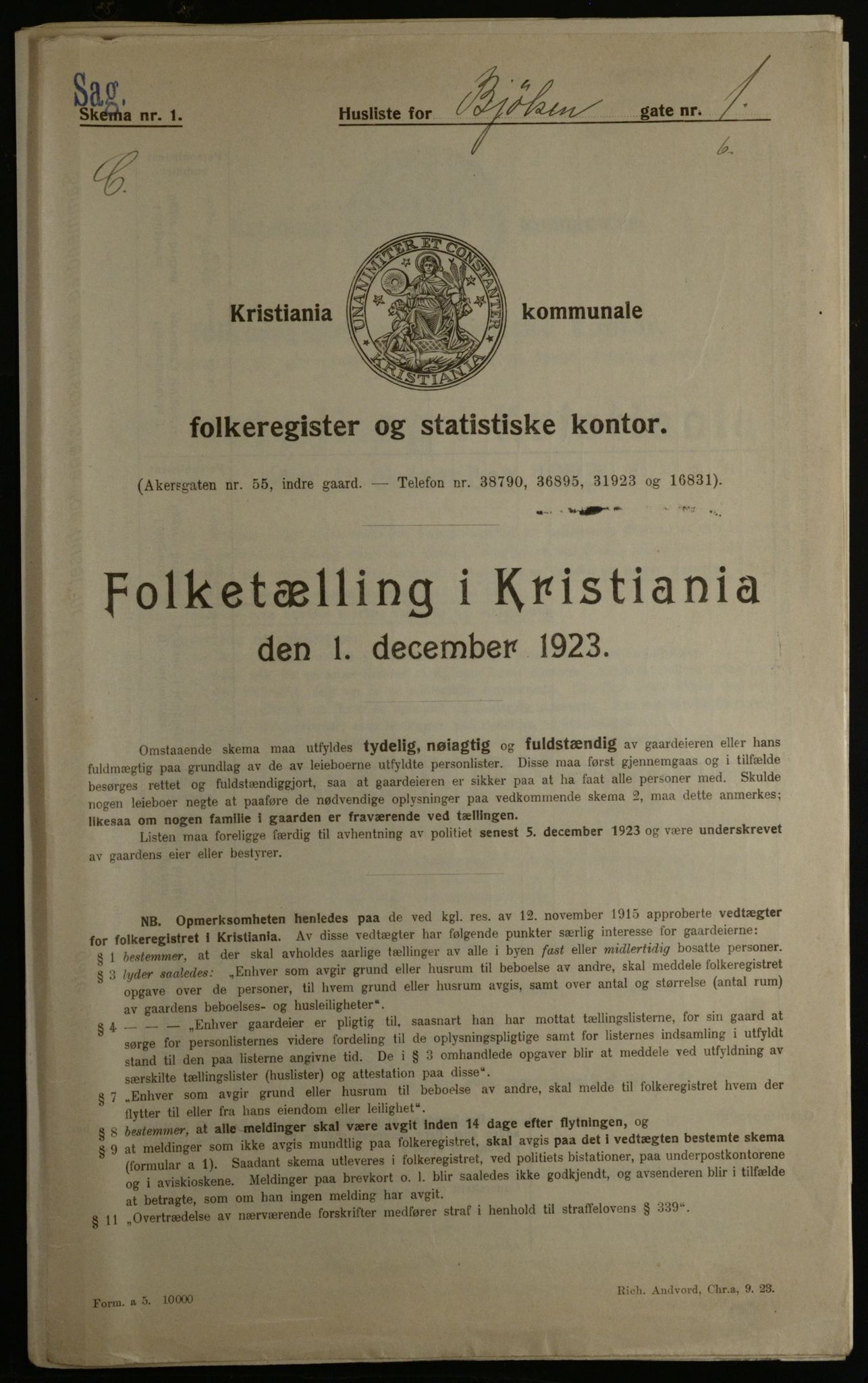 OBA, Municipal Census 1923 for Kristiania, 1923, p. 7459