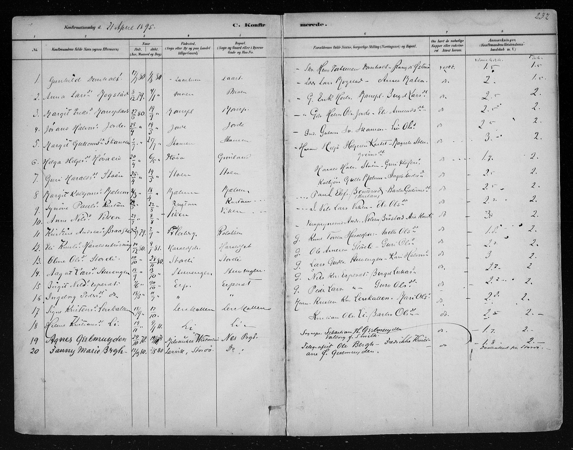 Nes kirkebøker, AV/SAKO-A-236/F/Fa/L0011: Parish register (official) no. 11, 1881-1912, p. 232