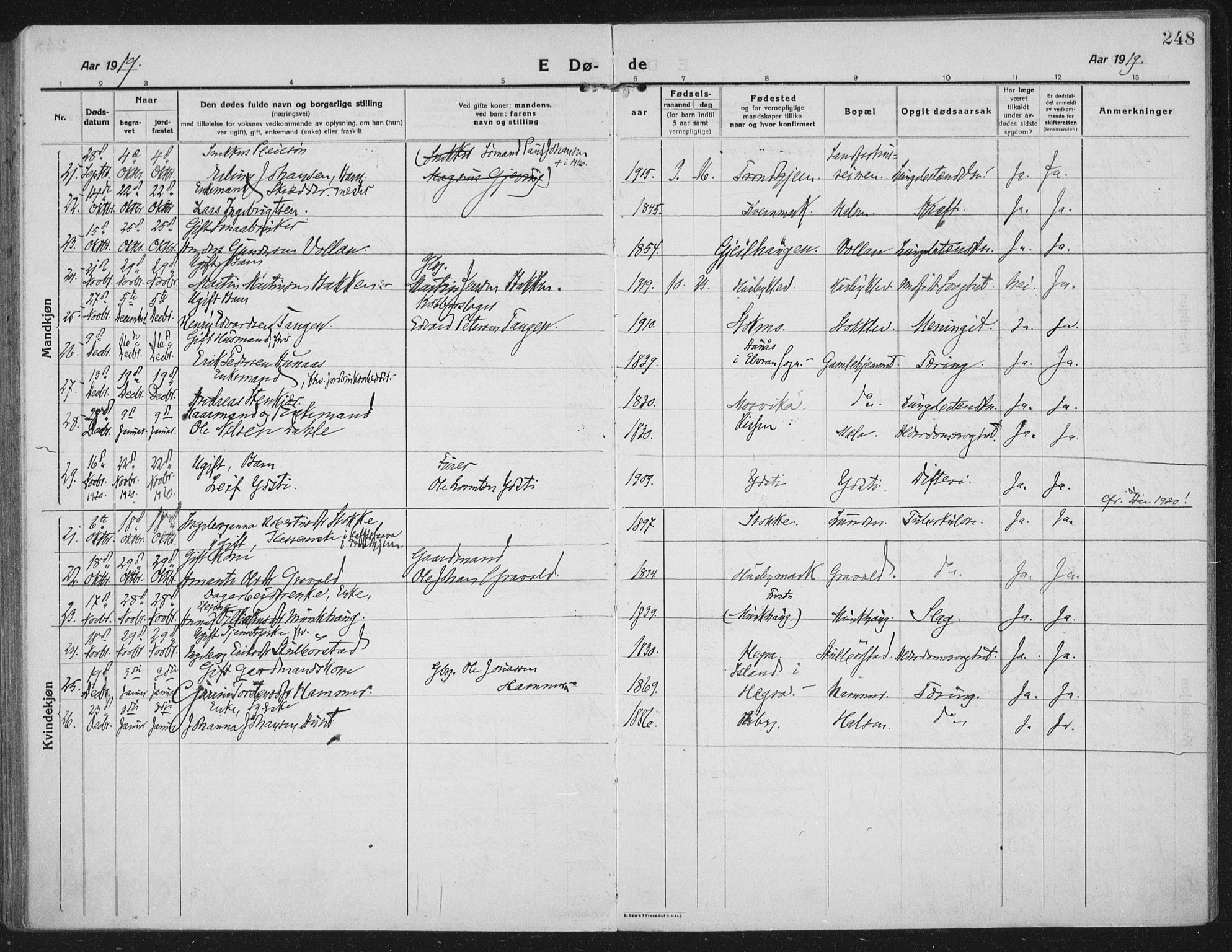 Ministerialprotokoller, klokkerbøker og fødselsregistre - Nord-Trøndelag, SAT/A-1458/709/L0083: Parish register (official) no. 709A23, 1916-1928, p. 248