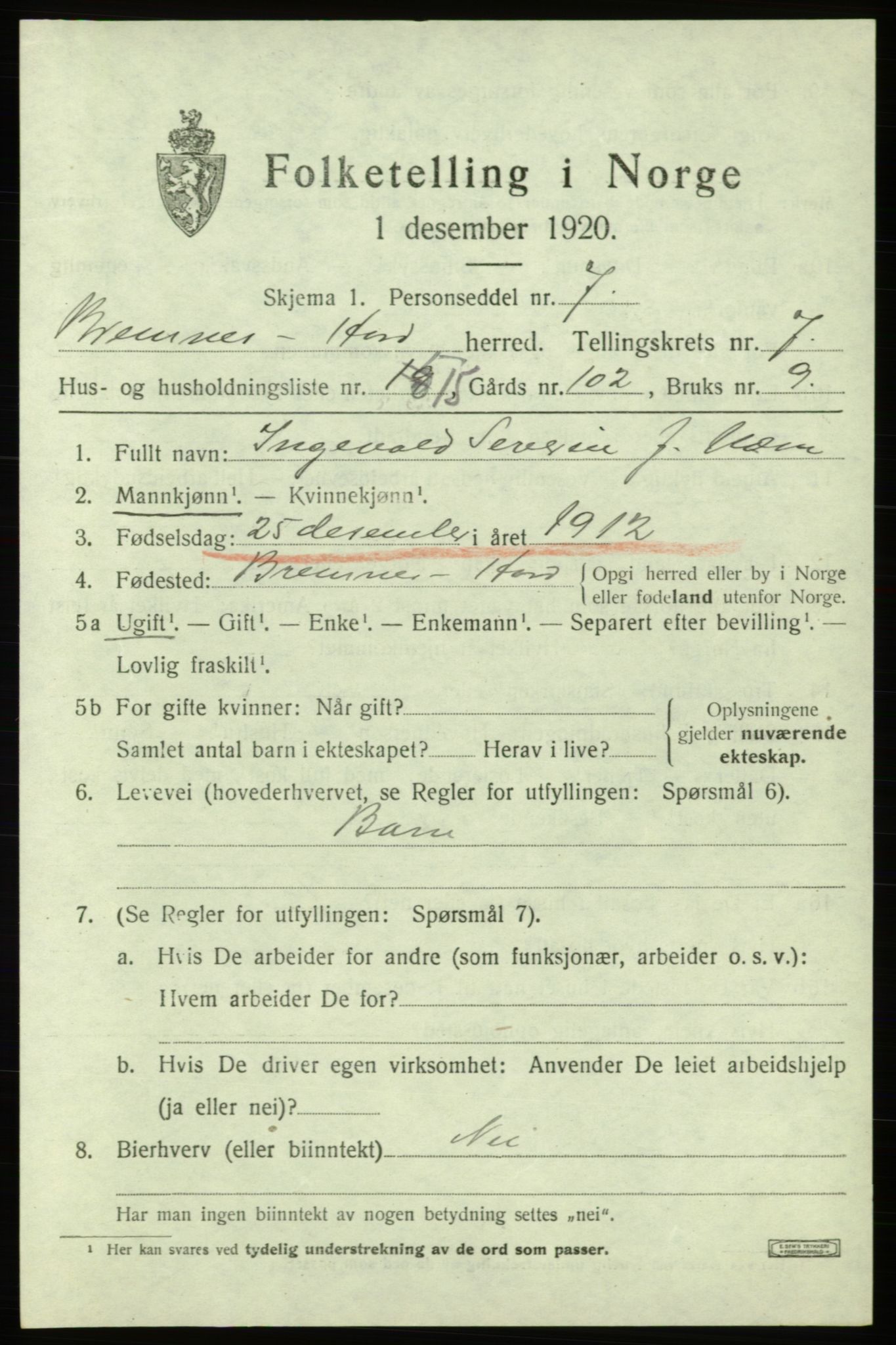 SAB, 1920 census for Bremnes, 1920, p. 4208