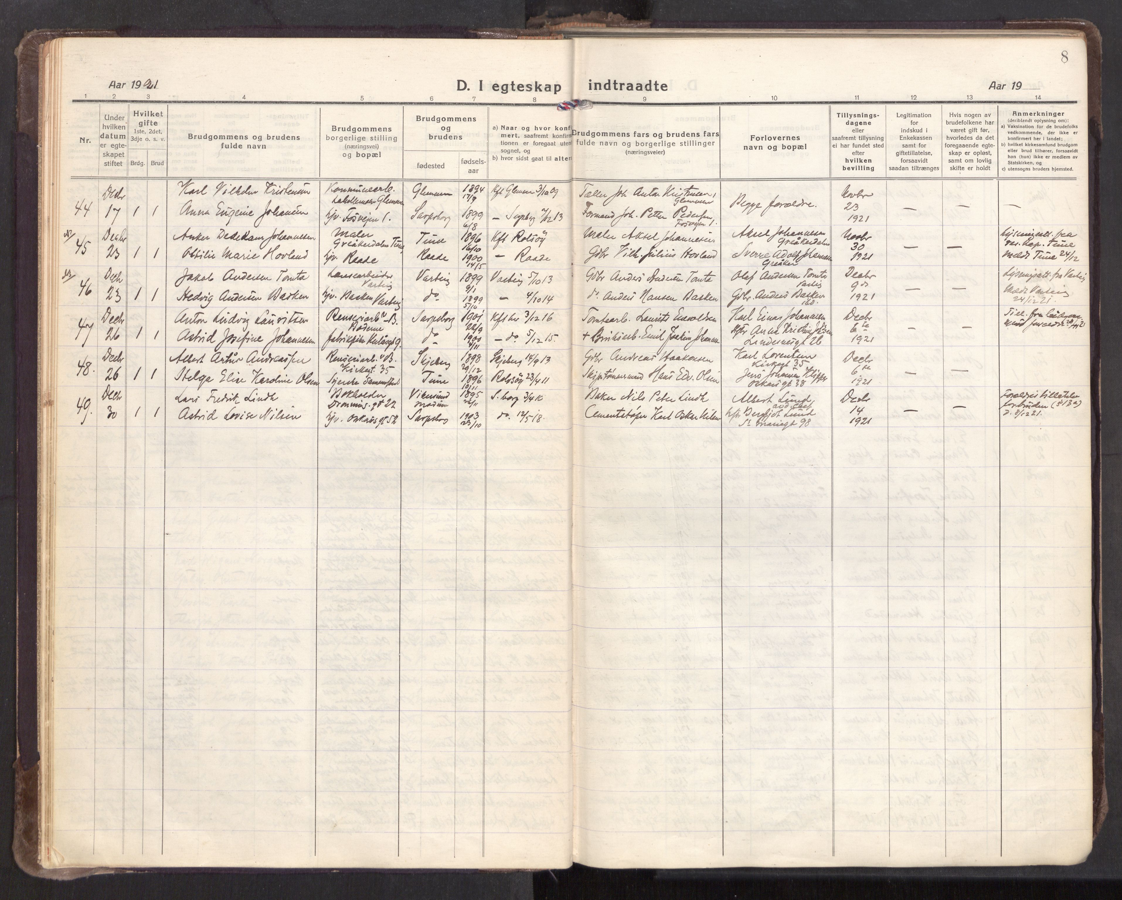 Sarpsborg prestekontor Kirkebøker, AV/SAO-A-2006/F/Fa/L0009: Parish register (official) no. 9, 1919-1931, p. 8