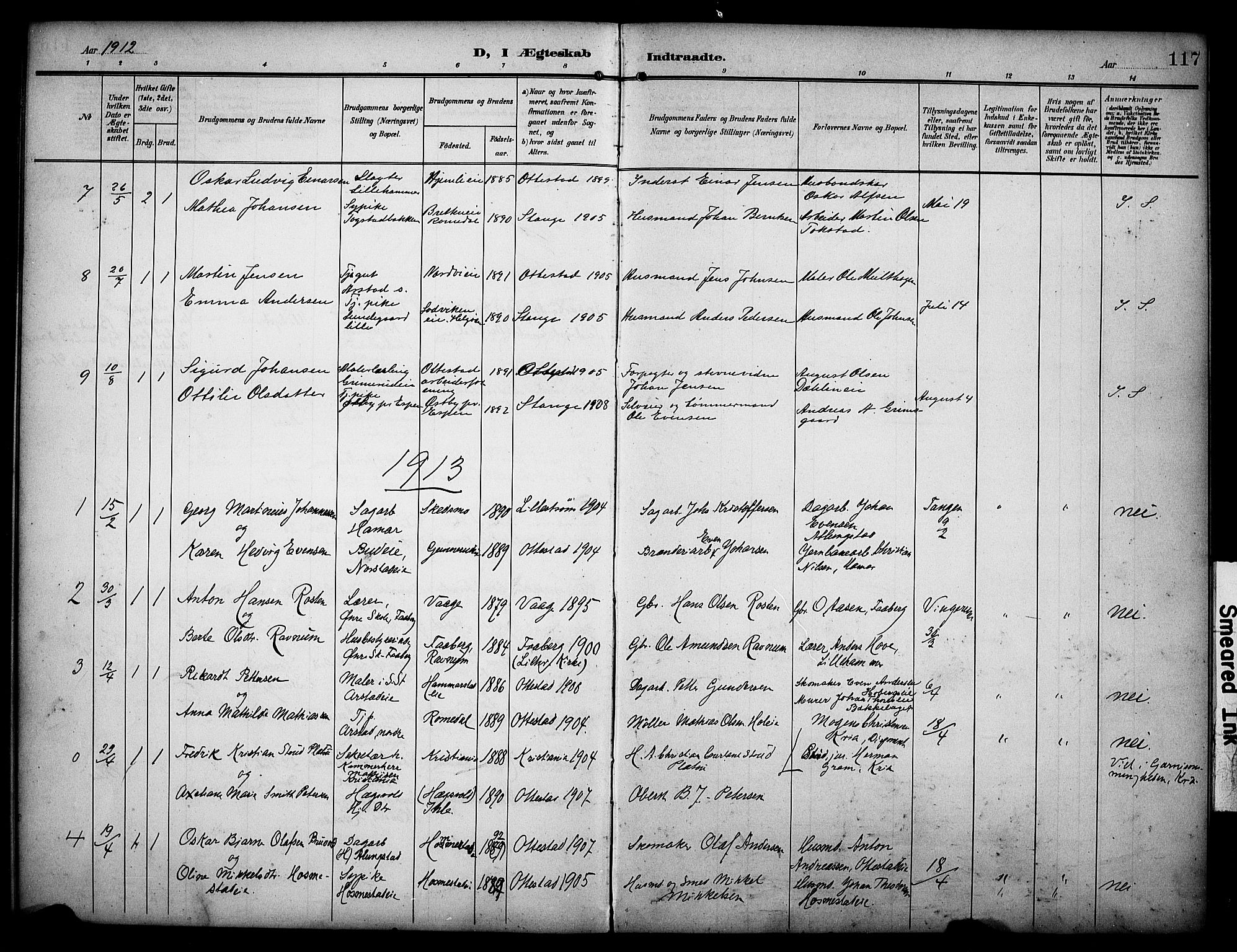 Stange prestekontor, SAH/PREST-002/K/L0022: Parish register (official) no. 22, 1903-1914, p. 117