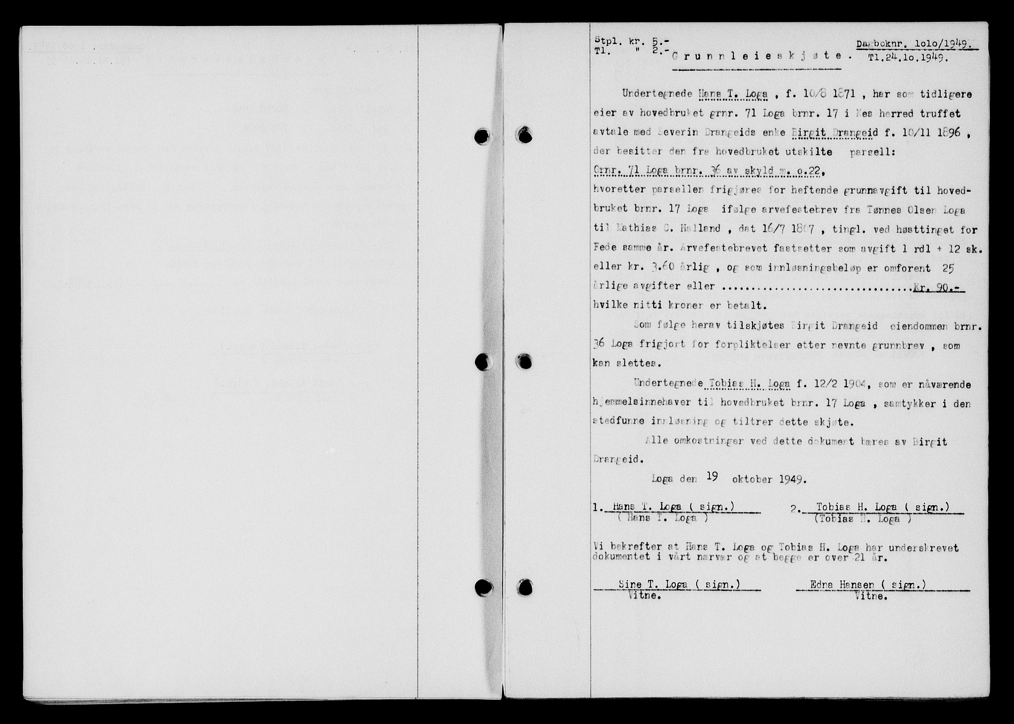 Flekkefjord sorenskriveri, SAK/1221-0001/G/Gb/Gba/L0065: Mortgage book no. A-13, 1949-1949, Diary no: : 1010/1949