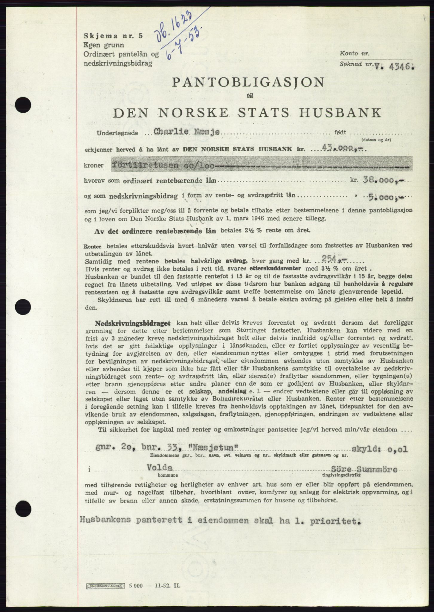 Søre Sunnmøre sorenskriveri, SAT/A-4122/1/2/2C/L0123: Mortgage book no. 11B, 1953-1953, Diary no: : 1623/1953