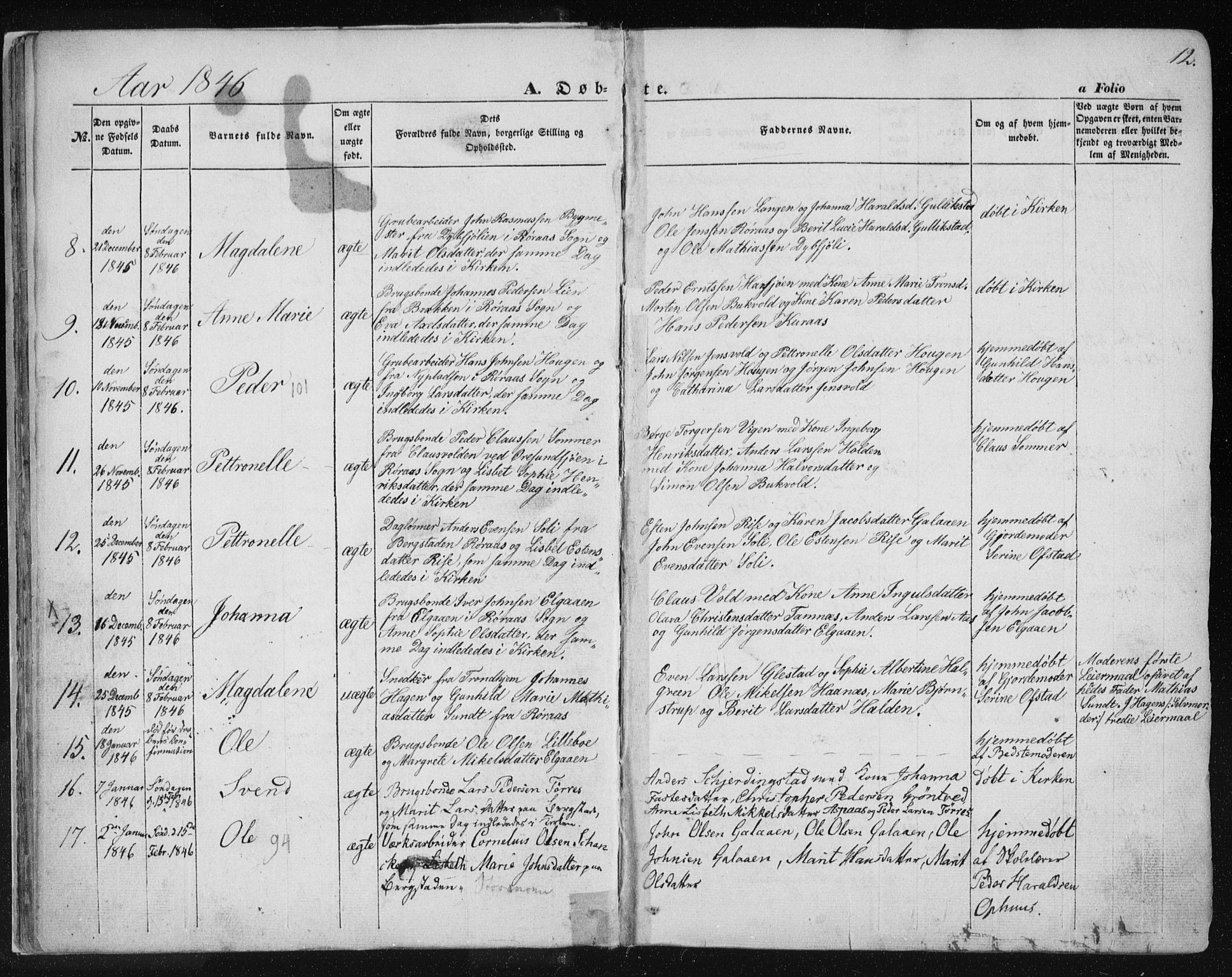 Ministerialprotokoller, klokkerbøker og fødselsregistre - Sør-Trøndelag, SAT/A-1456/681/L0931: Parish register (official) no. 681A09, 1845-1859, p. 12