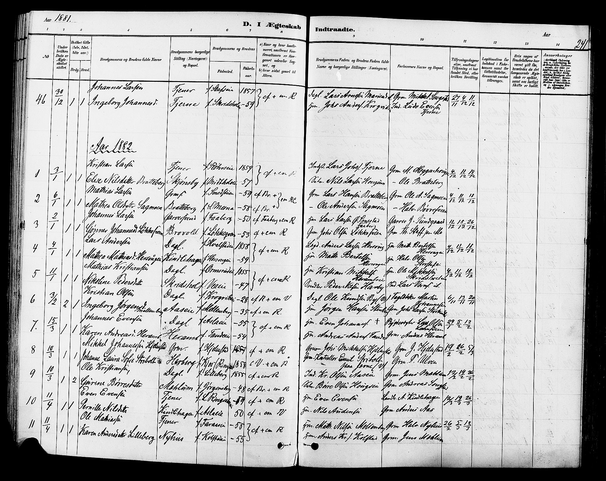 Ringsaker prestekontor, SAH/PREST-014/L/La/L0009: Parish register (copy) no. 9, 1879-1890, p. 241