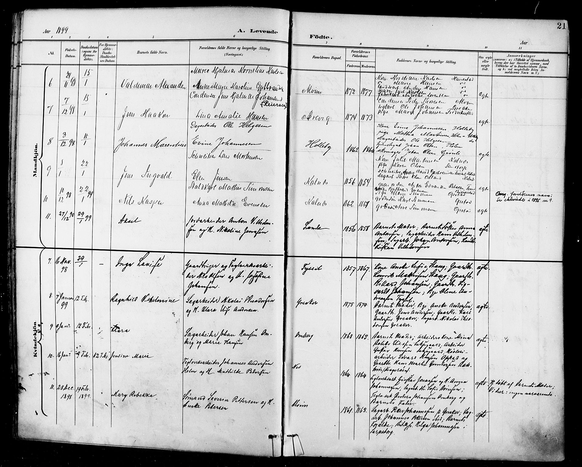 Tune prestekontor Kirkebøker, AV/SAO-A-2007/F/Fa/L0019: Parish register (official) no. 19, 1898-1904, p. 21
