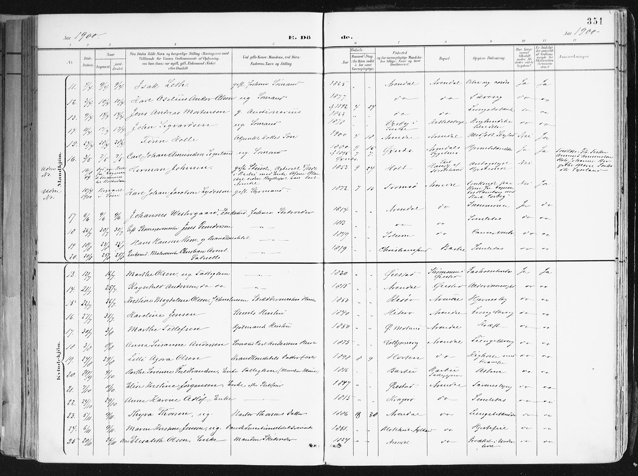 Arendal sokneprestkontor, Trefoldighet, SAK/1111-0040/F/Fa/L0010: Parish register (official) no. A 10, 1900-1919, p. 351