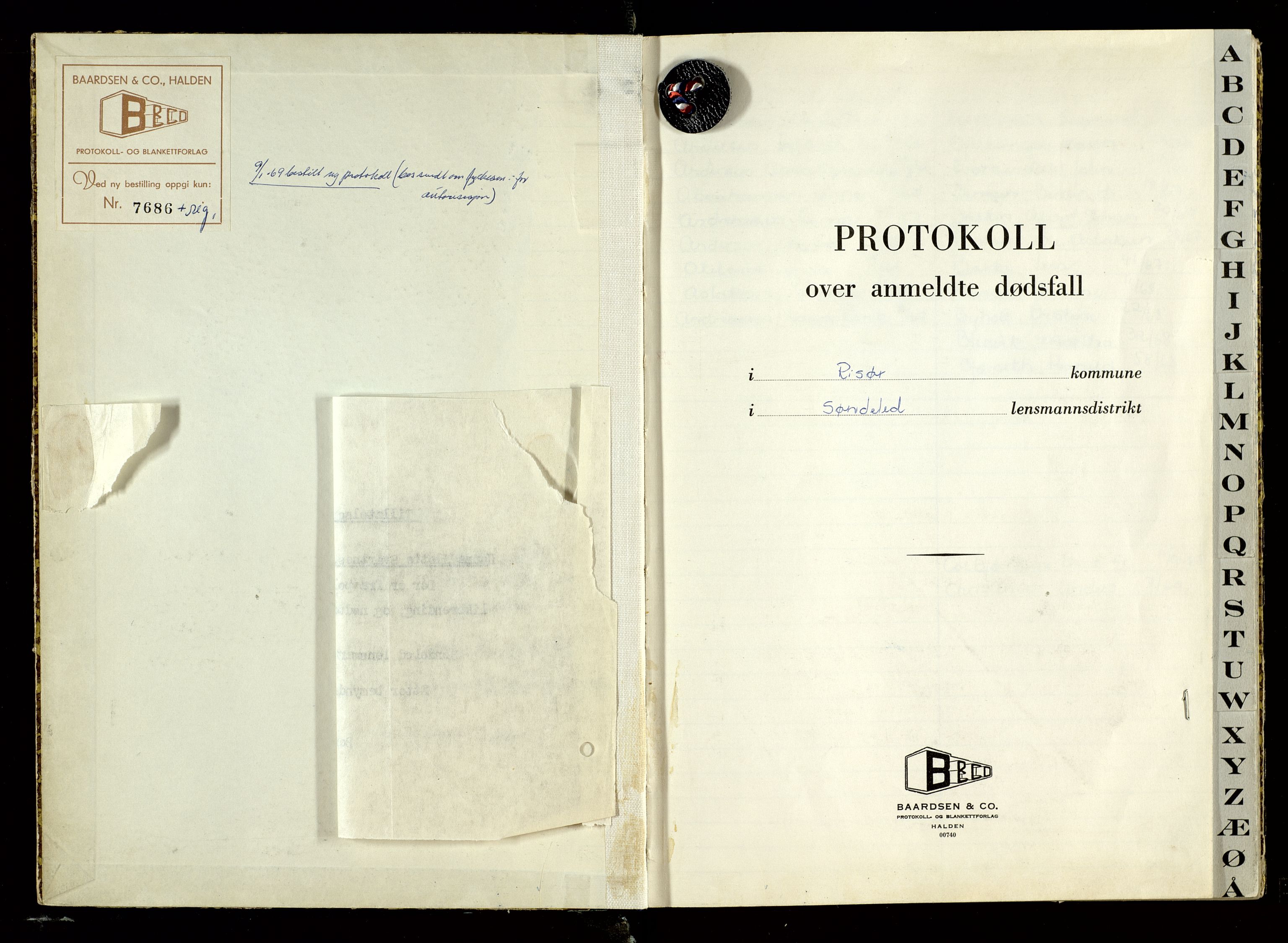 Søndeled lensmannskontor, AV/SAK-1241-0043/F/Fe/L0003/0005: Dødsfallsprotokoller / Dødsfallsprotokoll Risør med register, 1966-1969