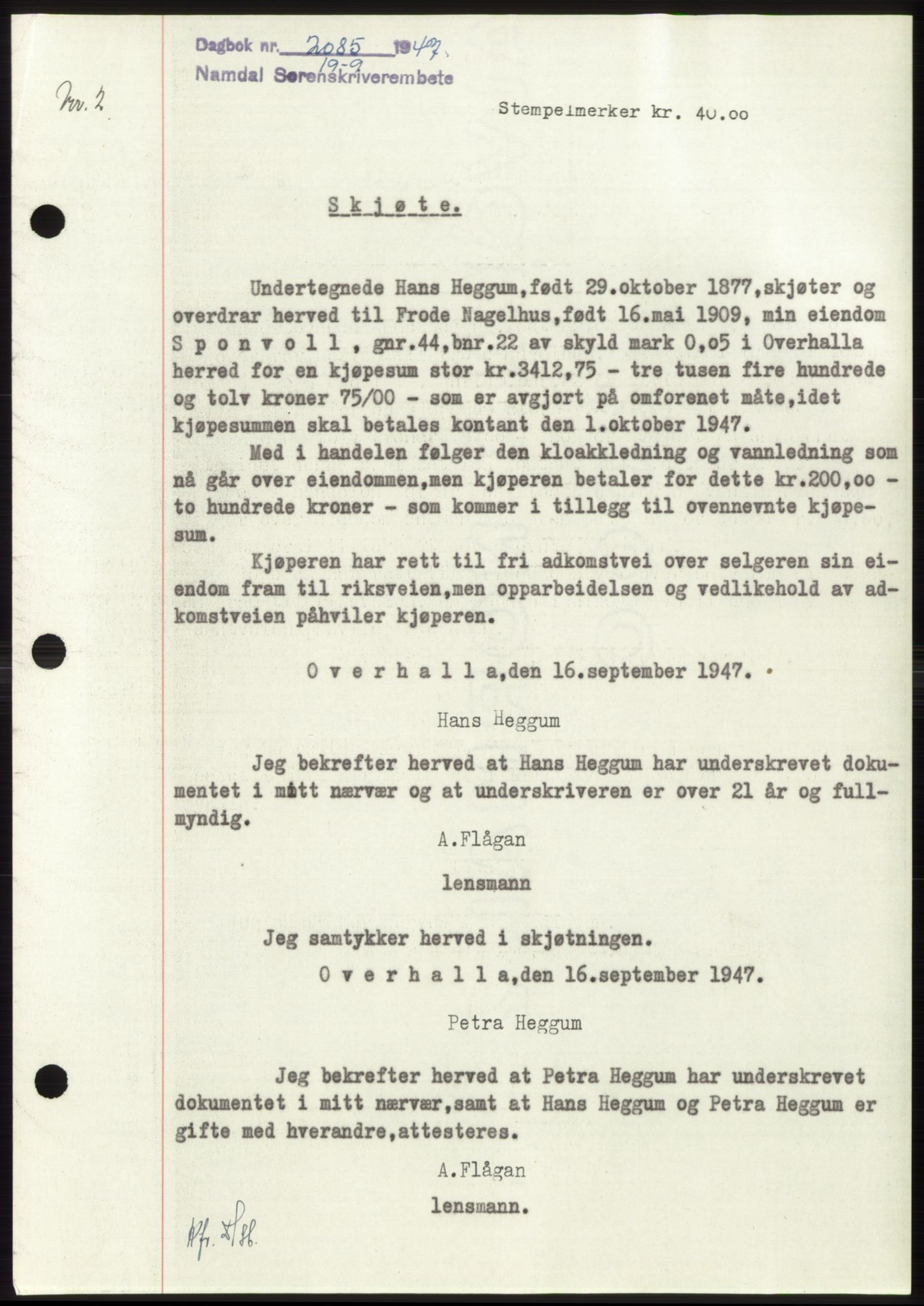 Namdal sorenskriveri, AV/SAT-A-4133/1/2/2C: Mortgage book no. -, 1947-1947, Diary no: : 2085/1947
