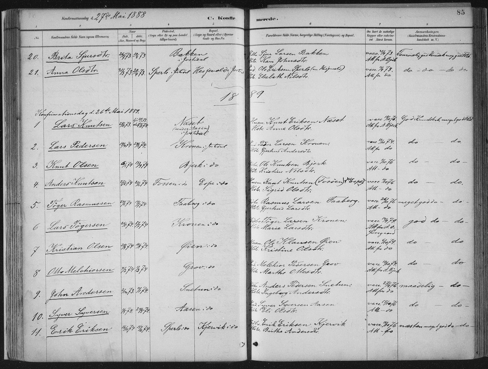 Jostedal sokneprestembete, SAB/A-80601/H/Haa/Haab/L0001: Parish register (official) no. B 1, 1887-1914, p. 85