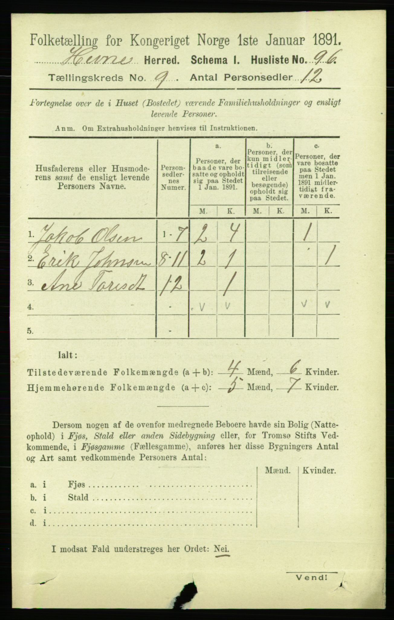 RA, 1891 census for 1612 Hemne, 1891, p. 5737