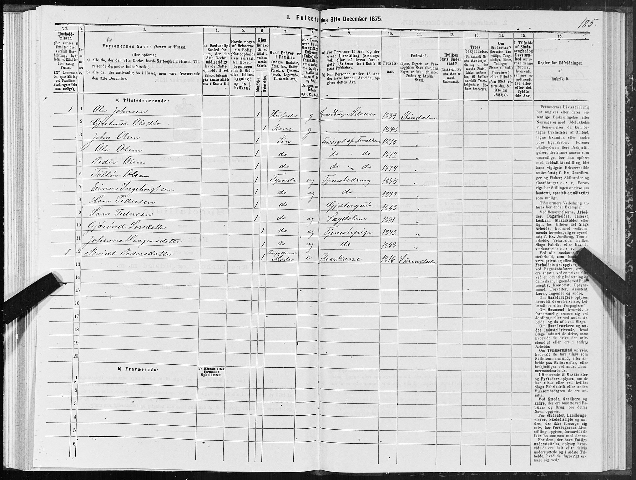 SAT, 1875 census for 1567P Rindal, 1875, p. 1185