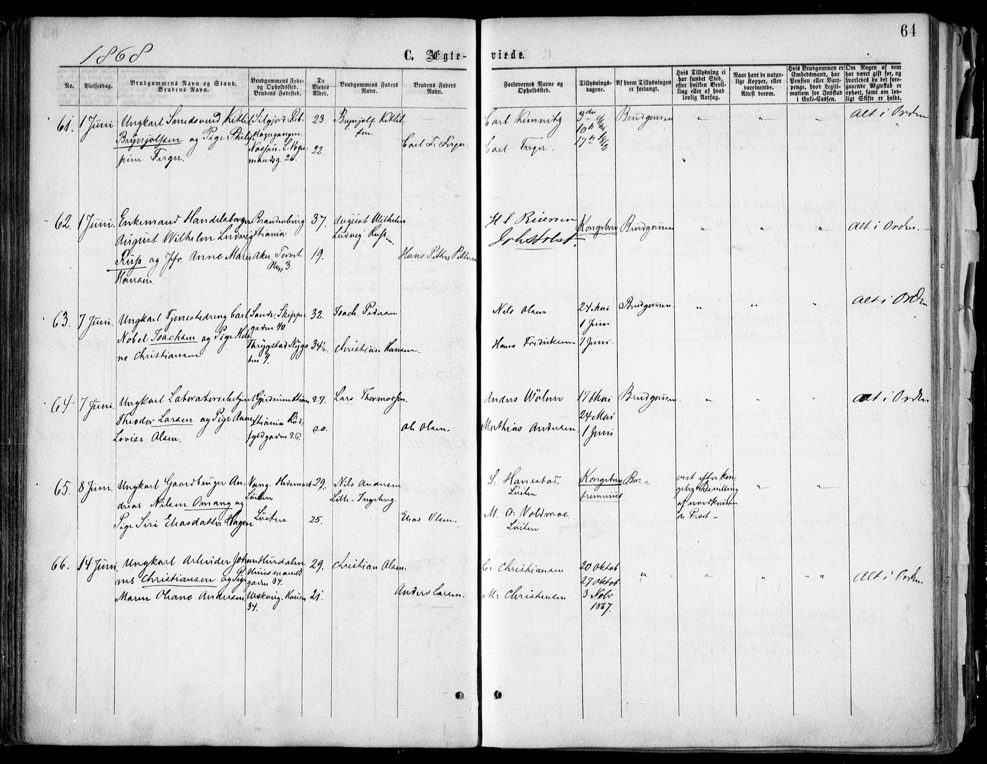 Oslo domkirke Kirkebøker, SAO/A-10752/F/Fa/L0021: Parish register (official) no. 21, 1865-1884, p. 64