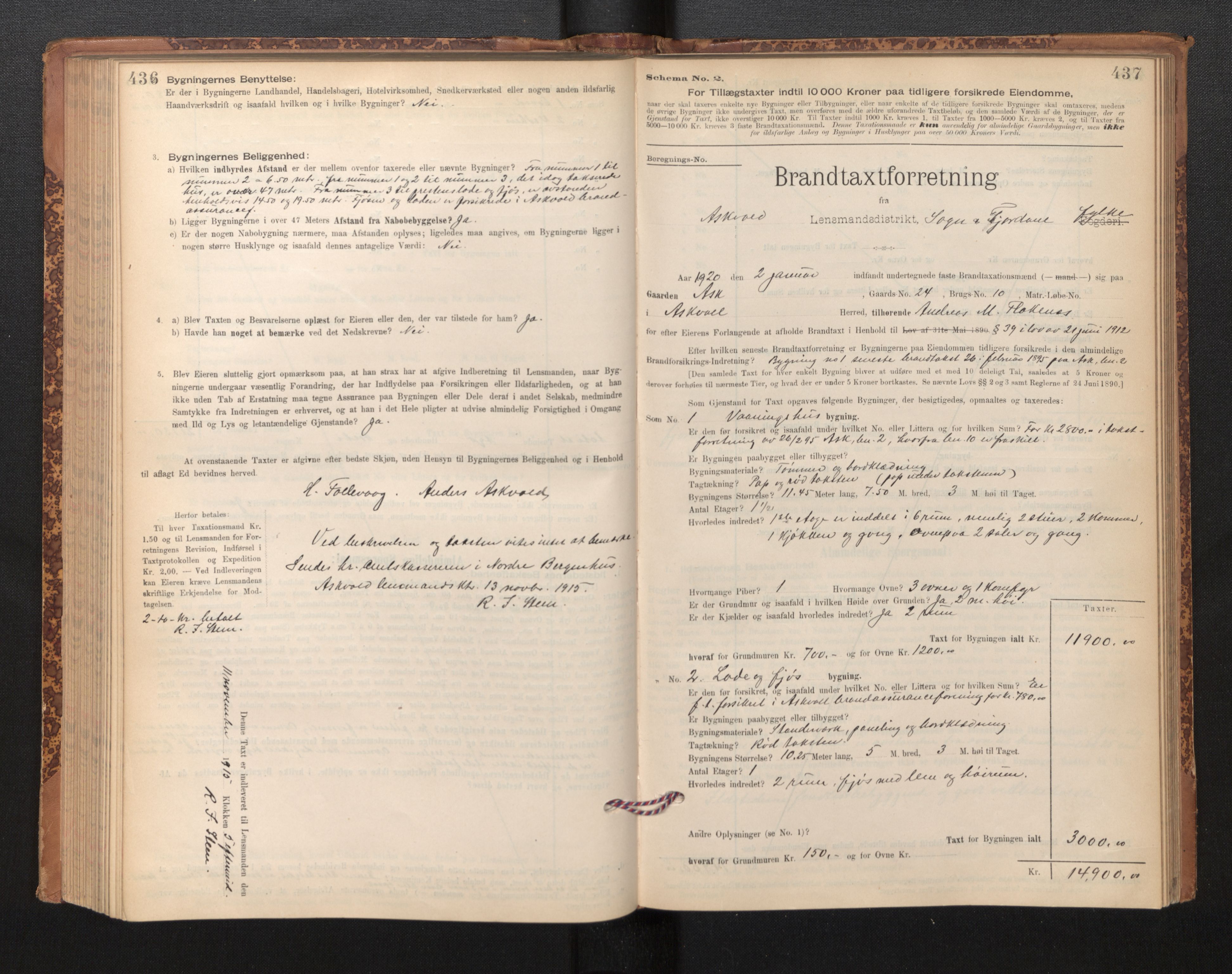 Lensmannen i Askvoll, SAB/A-26301/0012/L0004: Branntakstprotokoll, skjematakst og liste over branntakstmenn, 1895-1932, p. 436-437