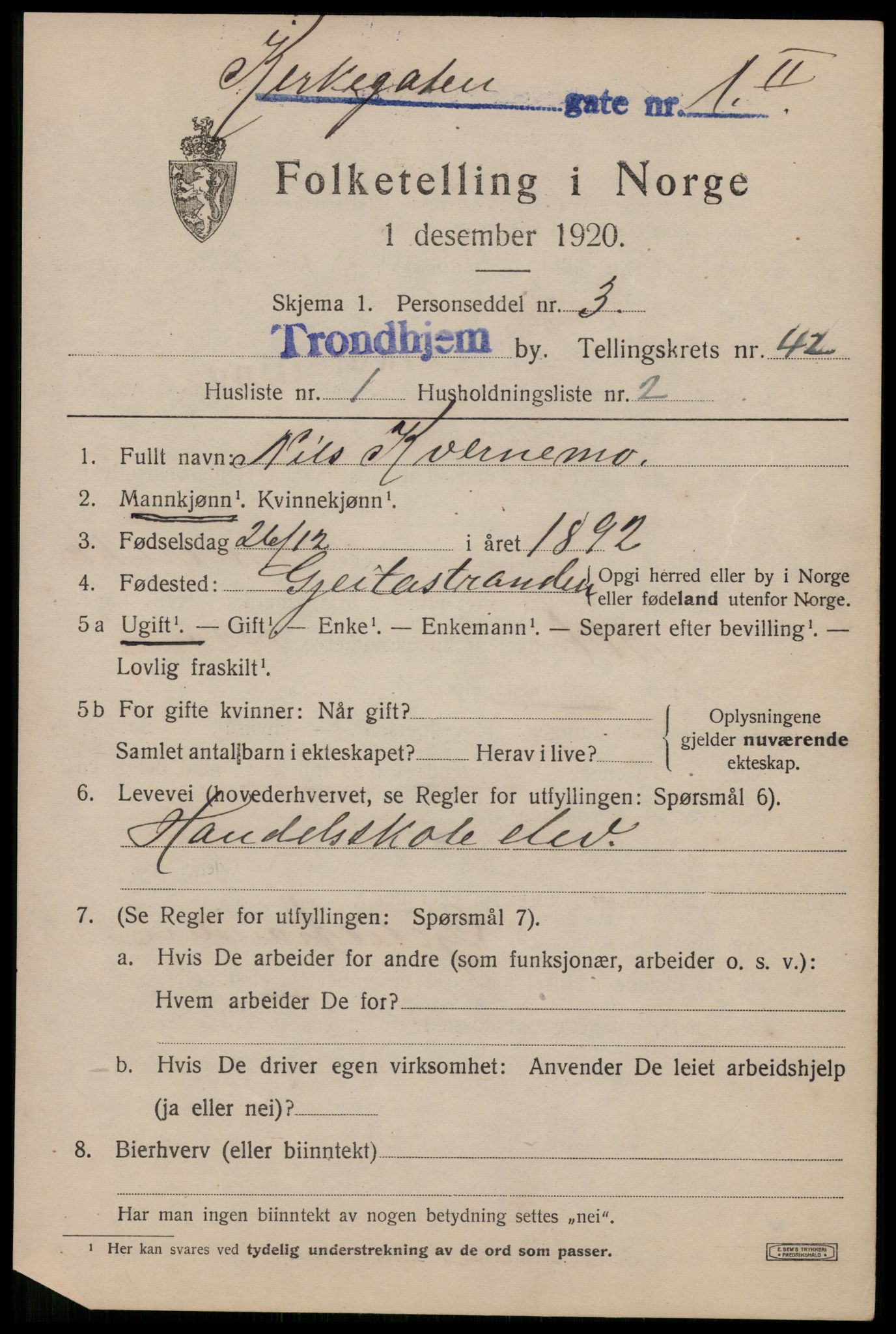 SAT, 1920 census for Trondheim, 1920, p. 92086