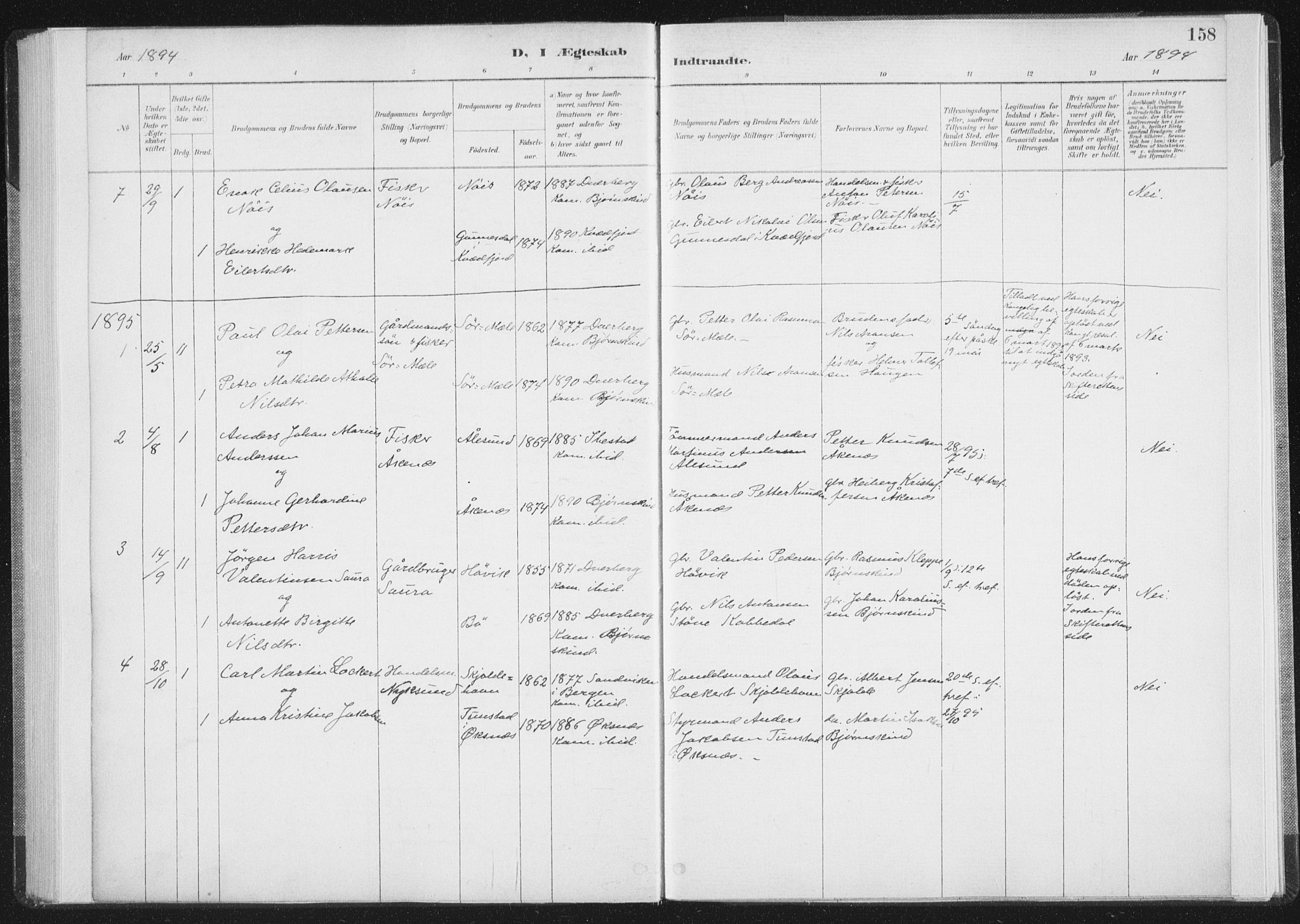 Ministerialprotokoller, klokkerbøker og fødselsregistre - Nordland, SAT/A-1459/898/L1422: Parish register (official) no. 898A02, 1887-1908, p. 158