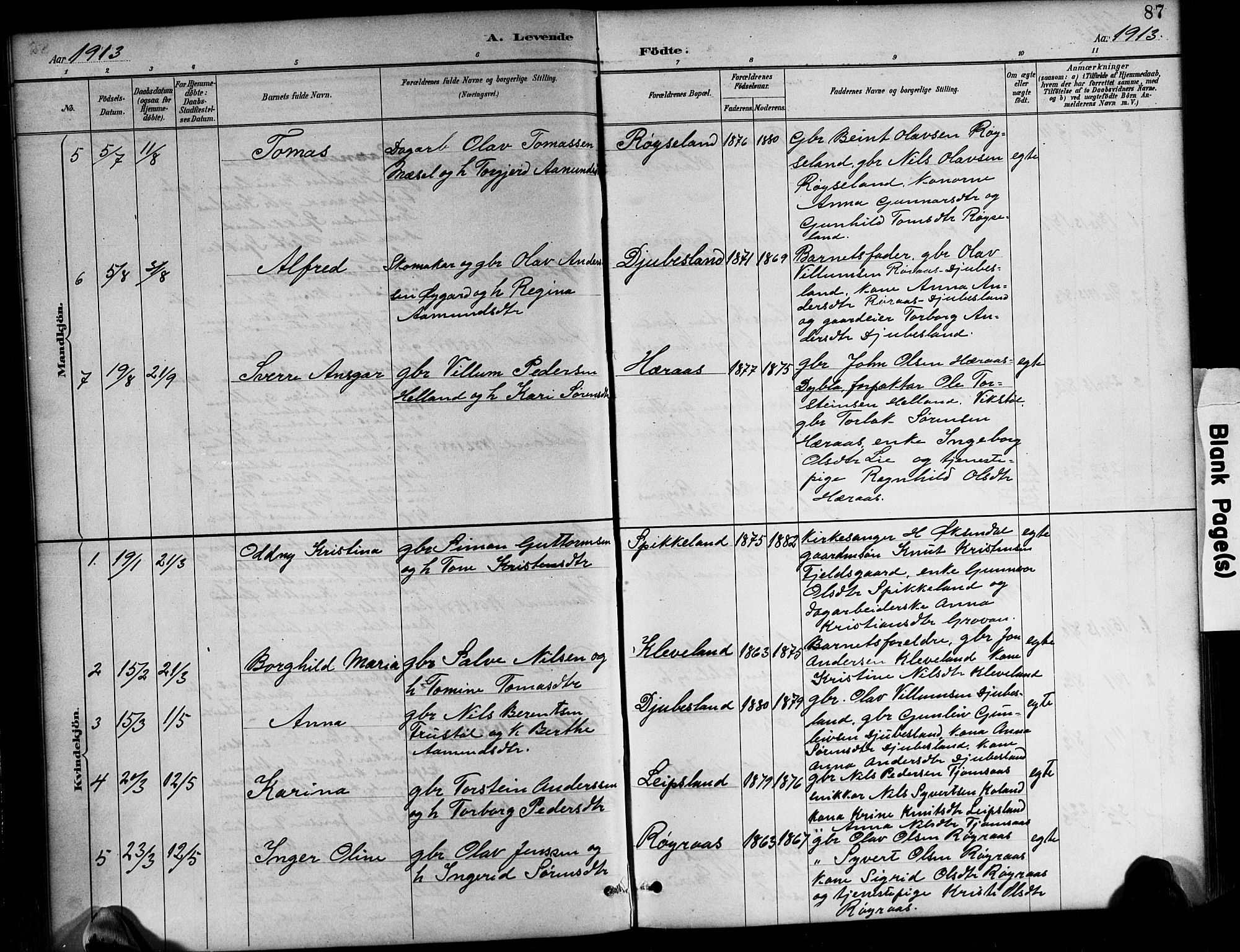 Bjelland sokneprestkontor, AV/SAK-1111-0005/F/Fb/Fbb/L0005: Parish register (copy) no. B 5, 1887-1918, p. 87