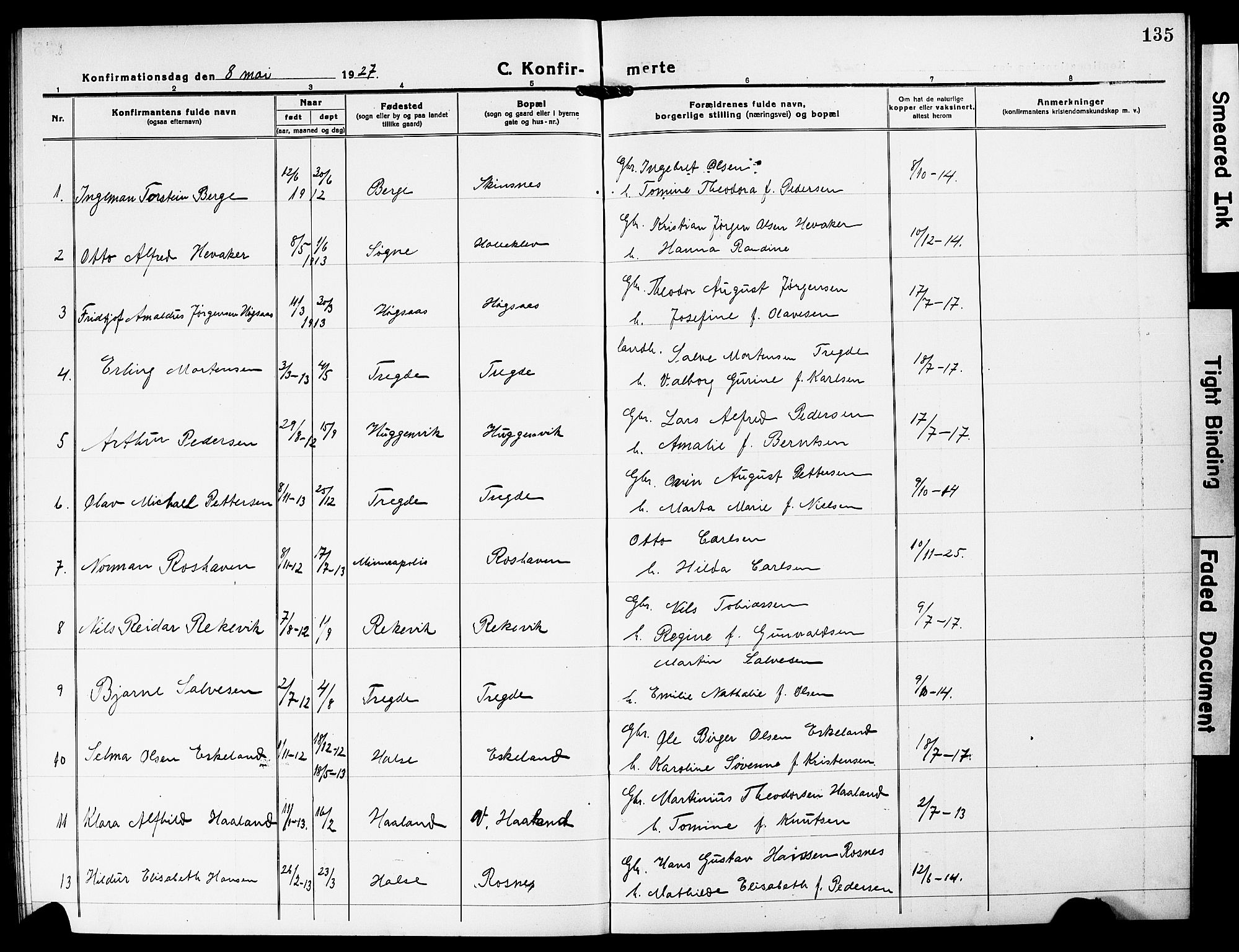 Mandal sokneprestkontor, SAK/1111-0030/F/Fb/Fba/L0013: Parish register (copy) no. B 7, 1918-1931, p. 135