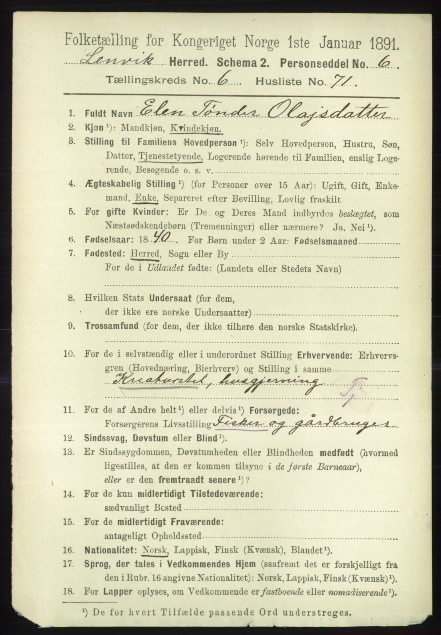 RA, 1891 census for 1931 Lenvik, 1891, p. 3697