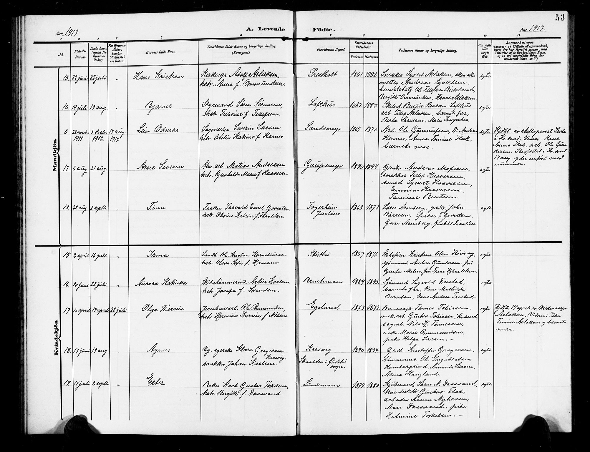 Vestre Moland sokneprestkontor, AV/SAK-1111-0046/F/Fb/Fbb/L0007: Parish register (copy) no. B 7, 1906-1929, p. 53