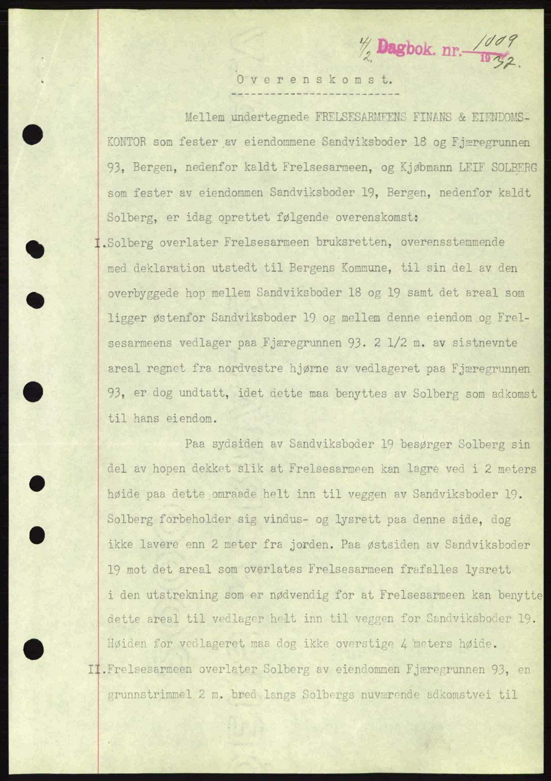 Byfogd og Byskriver i Bergen, SAB/A-3401/03/03Bc/L0004: Mortgage book no. A3-4, 1936-1937, Diary no: : 1009/1937