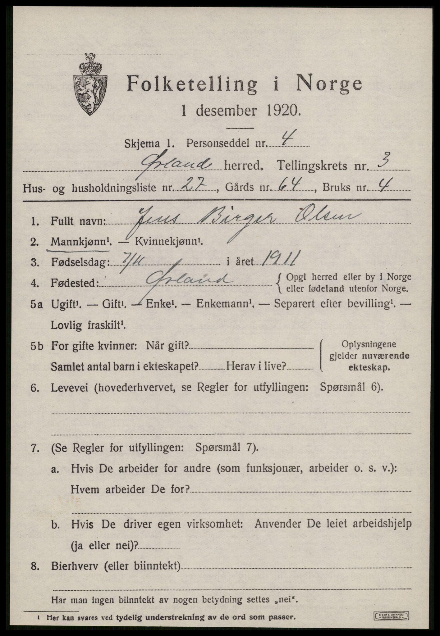 SAT, 1920 census for Ørland, 1920, p. 2809