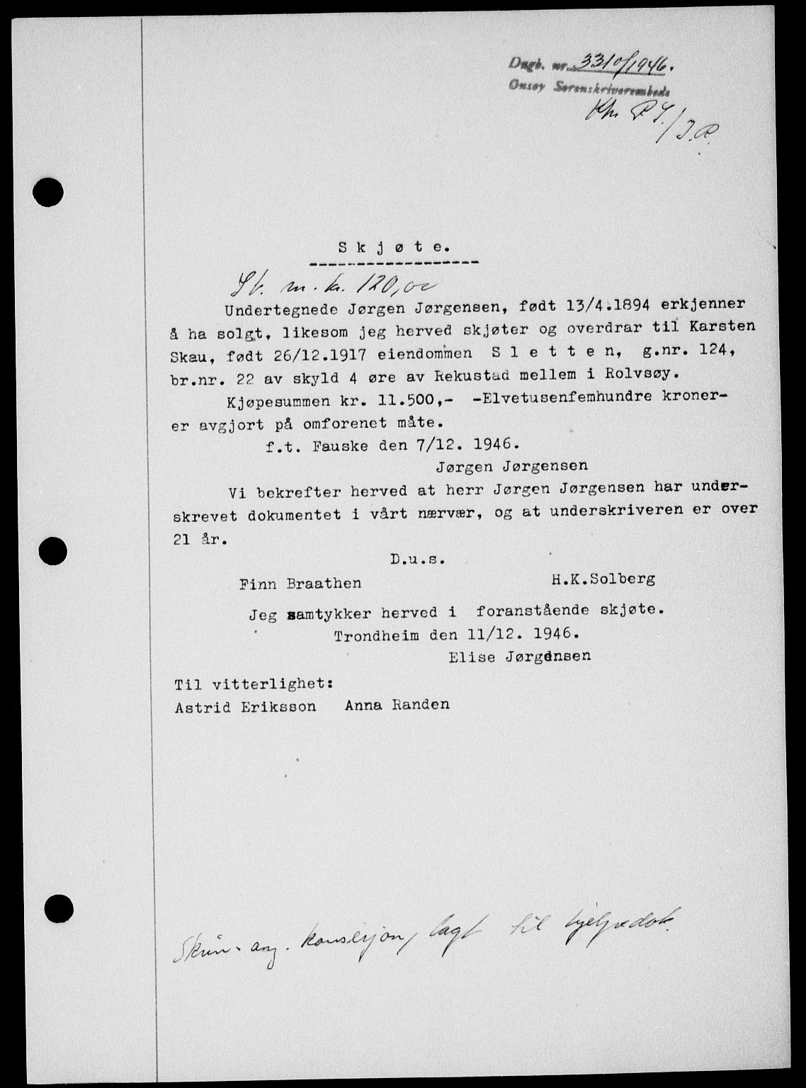 Onsøy sorenskriveri, SAO/A-10474/G/Ga/Gab/L0018: Mortgage book no. II A-18, 1946-1947, Diary no: : 3310/1946