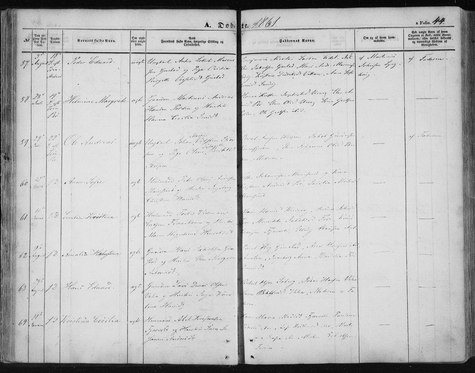 Ministerialprotokoller, klokkerbøker og fødselsregistre - Nordland, AV/SAT-A-1459/891/L1300: Parish register (official) no. 891A05, 1856-1870, p. 44