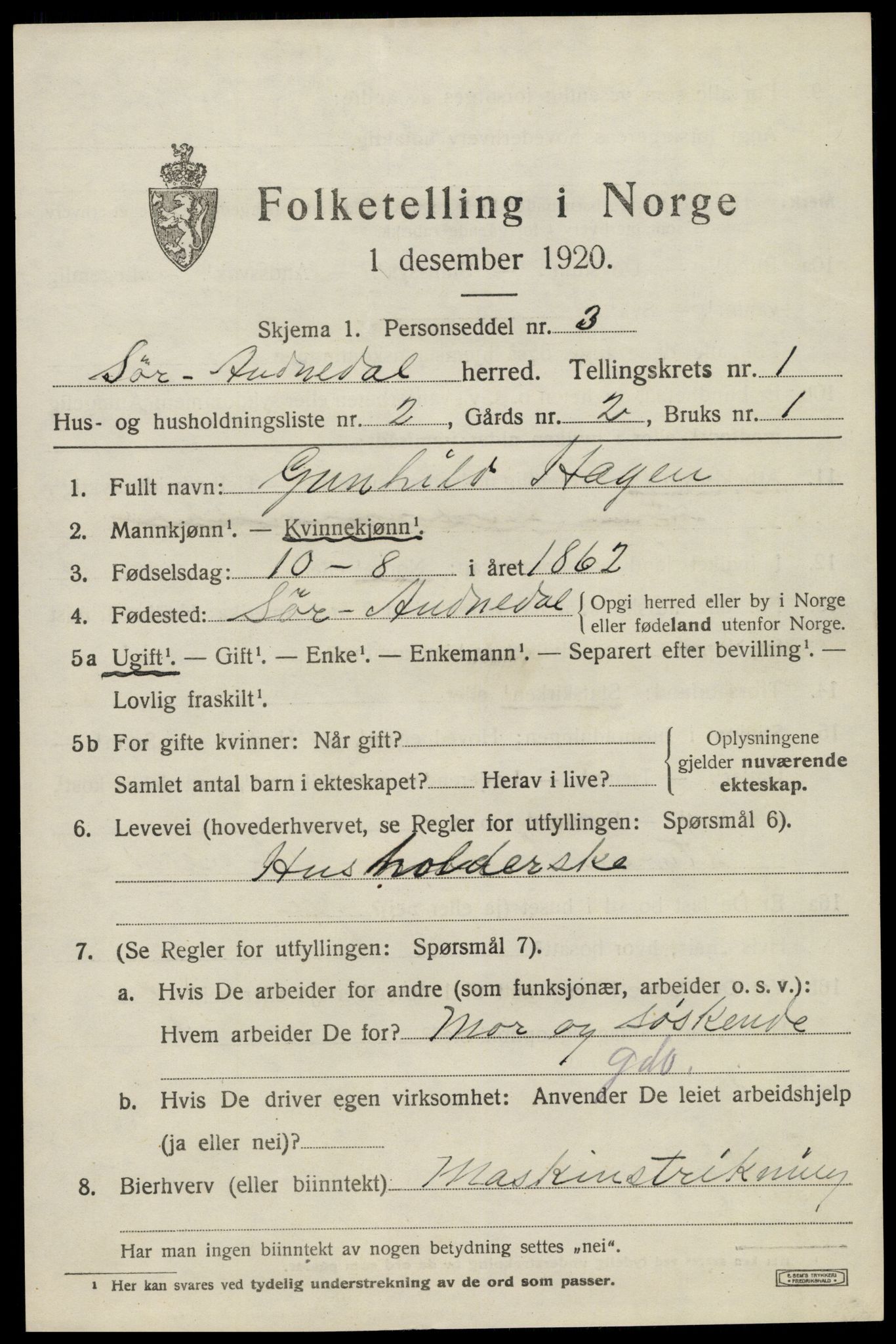 SAK, 1920 census for Sør-Audnedal, 1920, p. 1469