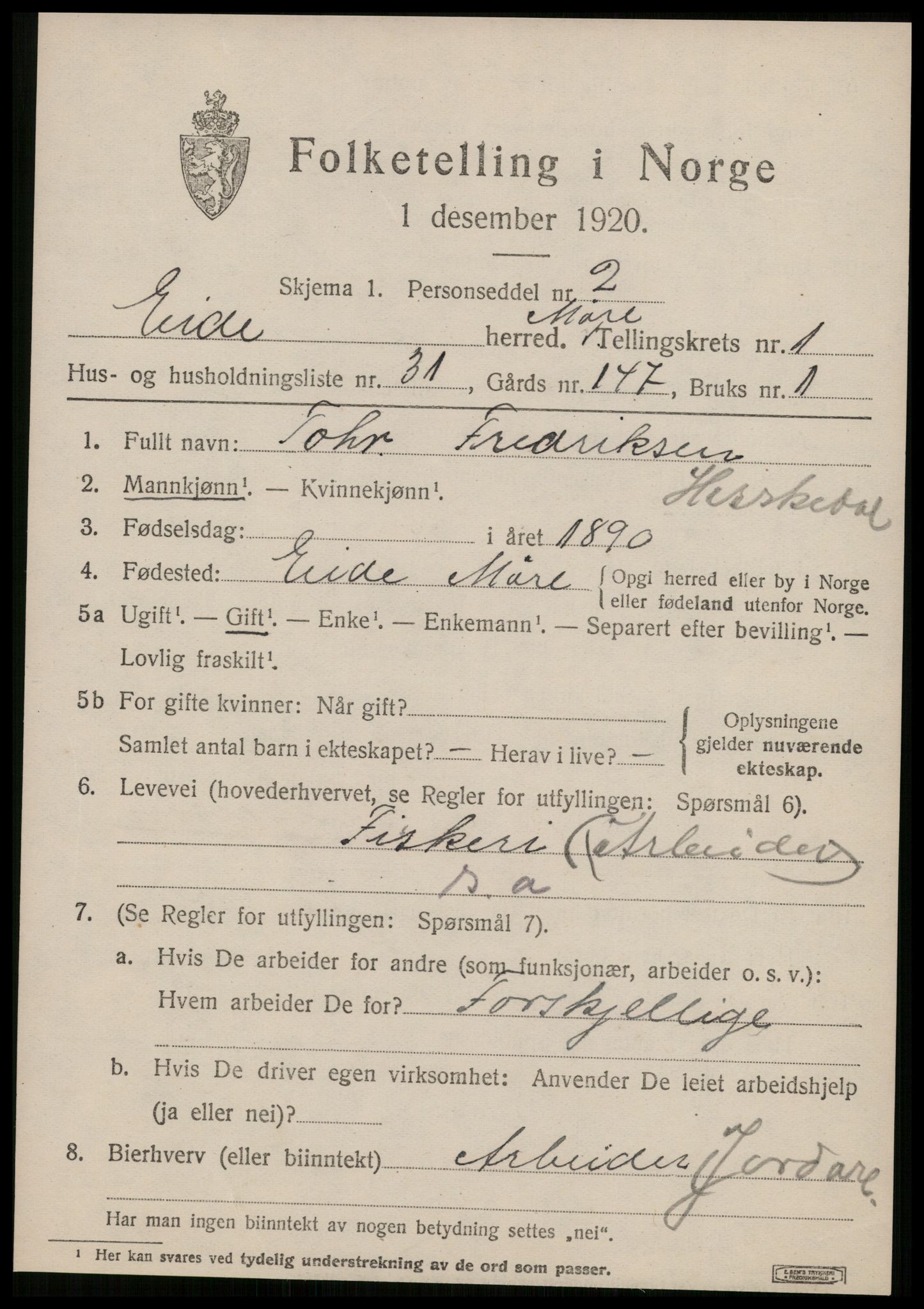 SAT, 1920 census for Eid (MR), 1920, p. 990