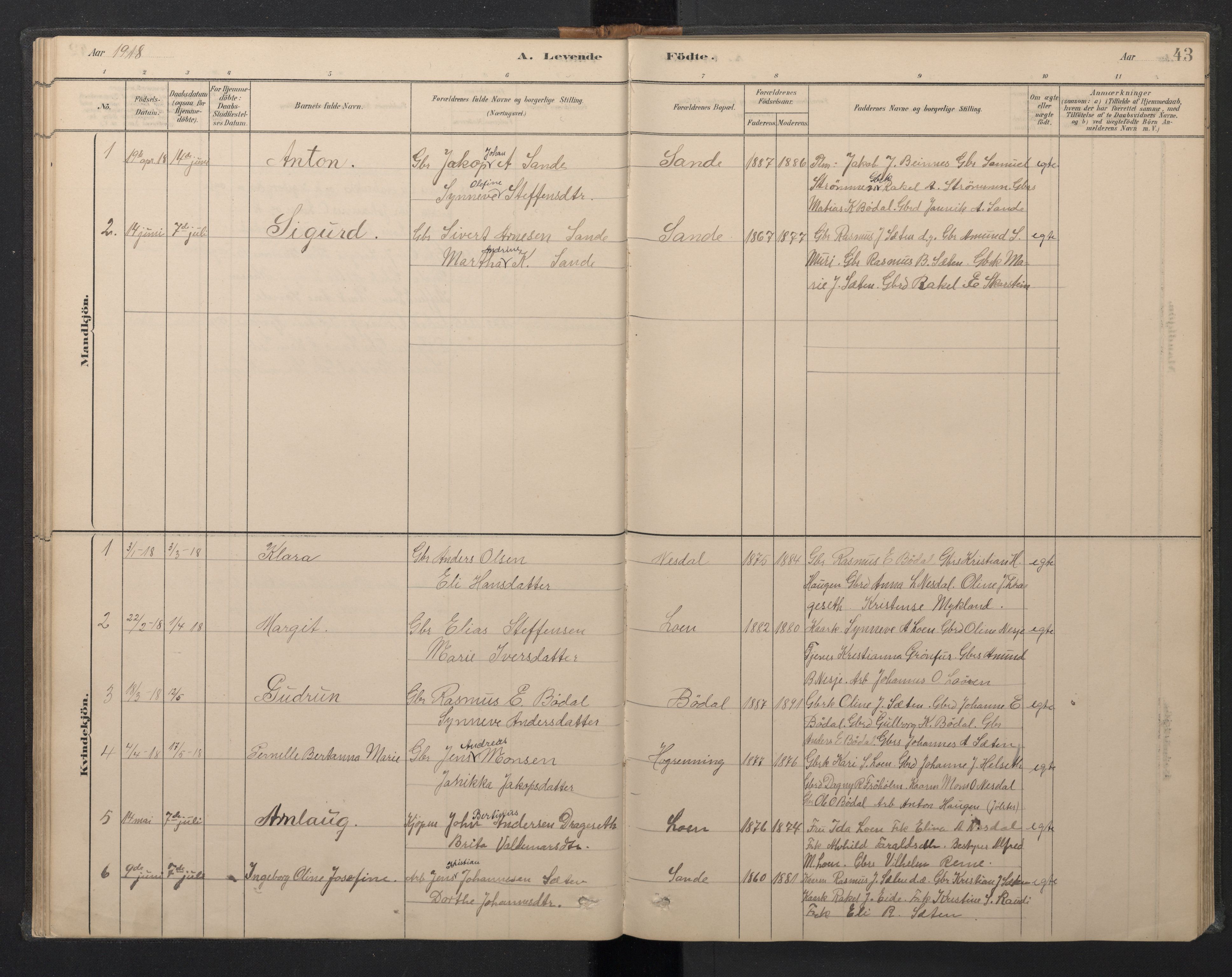 Stryn Sokneprestembete, AV/SAB-A-82501: Parish register (copy) no. B 3, 1881-1918, p. 42b-43a