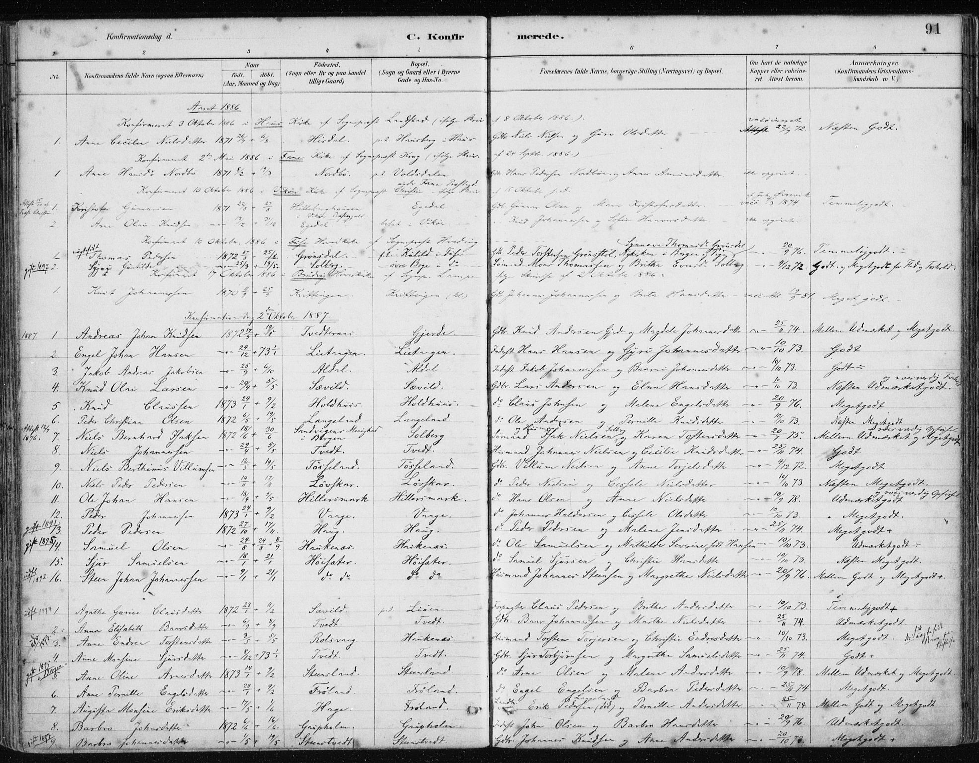 Samnanger Sokneprestembete, SAB/A-77501/H/Haa: Parish register (official) no. A 1, 1885-1901, p. 91